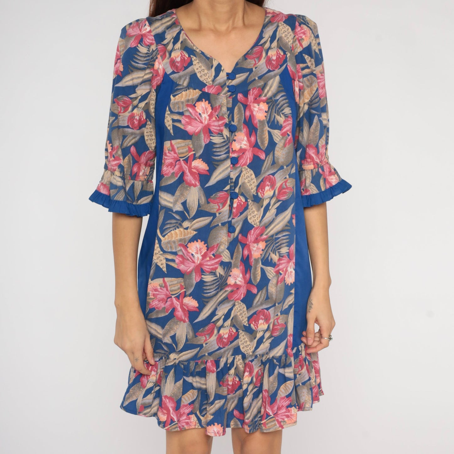 80s Tori Richard Tropical Floral Mini Dress Blue Button-Up Small