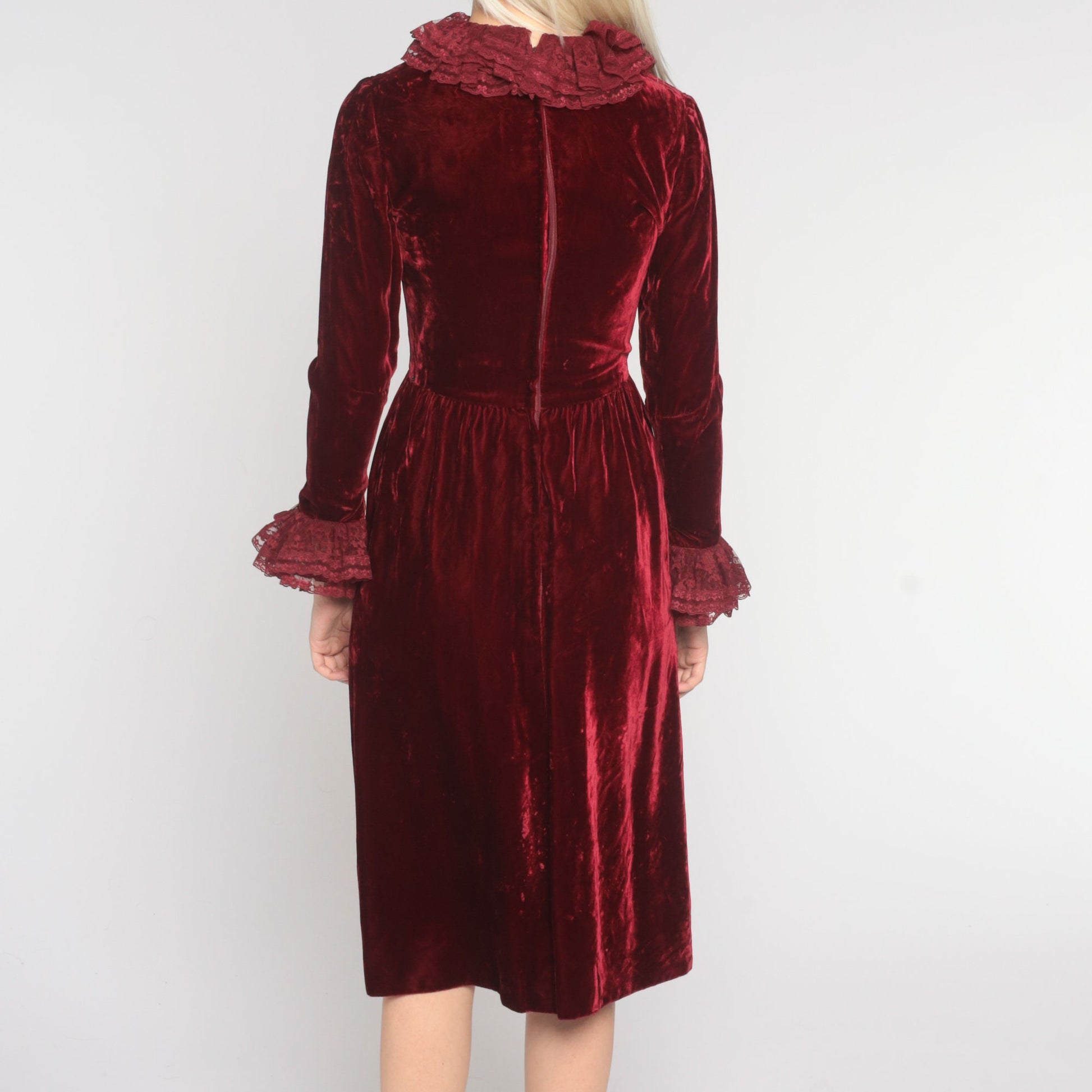 60s Red Velvet Midi Dress Lace Ruffle Long Sleeve High Waist Extra Small