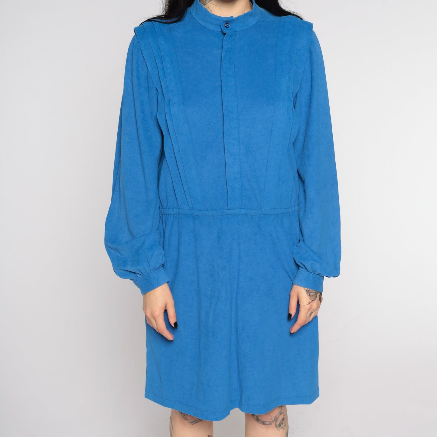 1970s Blue Faux Suede Mini Dress Long Sleeve Elastic Waist Medium Large