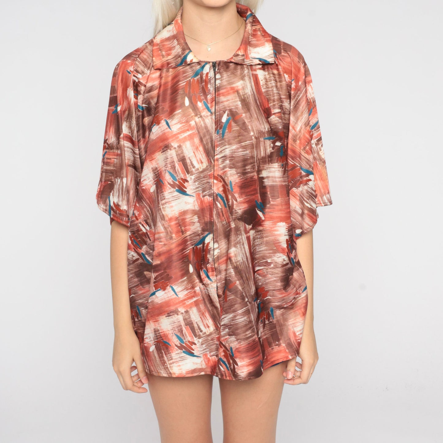 70s Angel Sleeve Zip Blouse Abstract Brushstroke Print Shirt One Size
