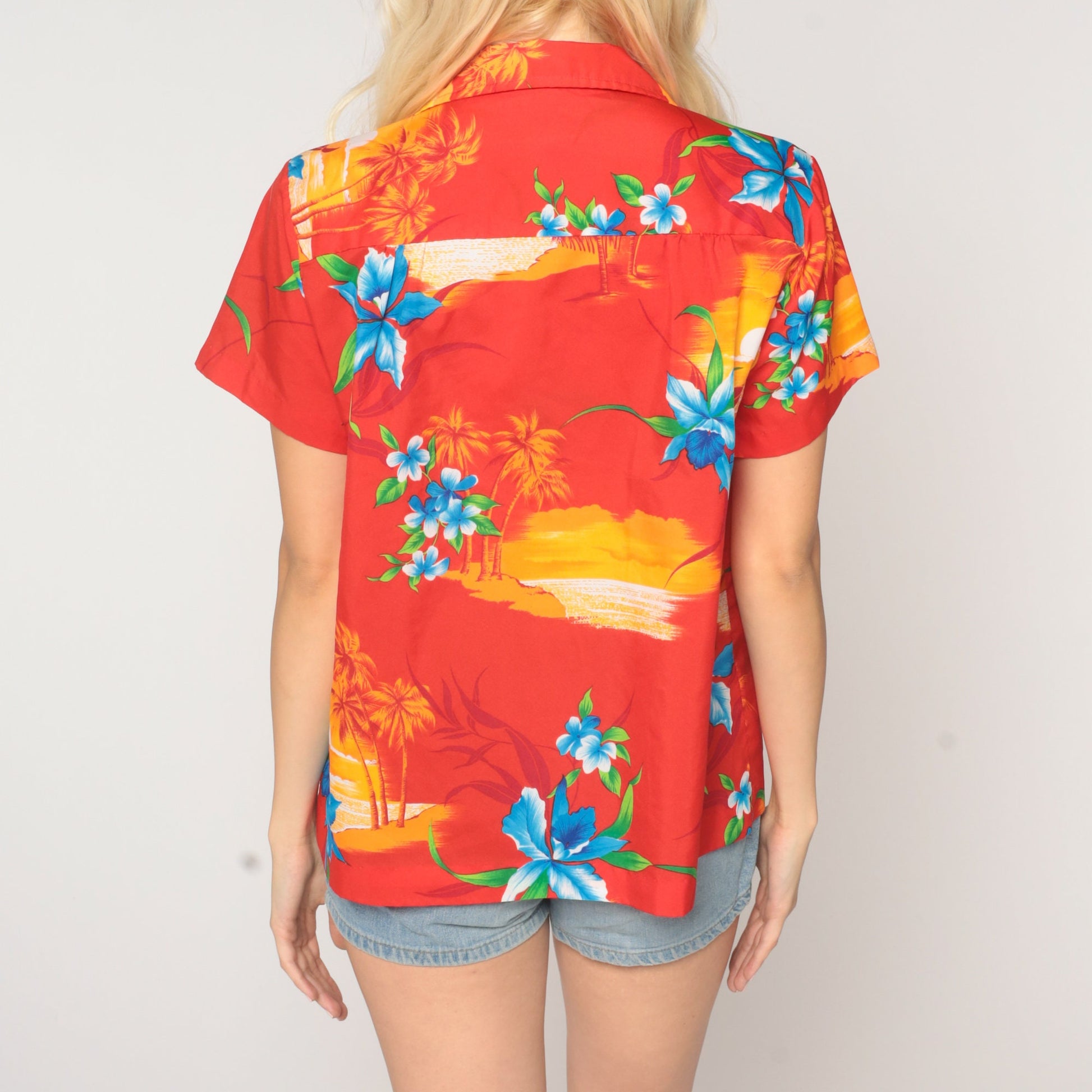 80s Tropical Floral Hawaiian Button-Up Shirt Red Palm Tree Blouse Large L