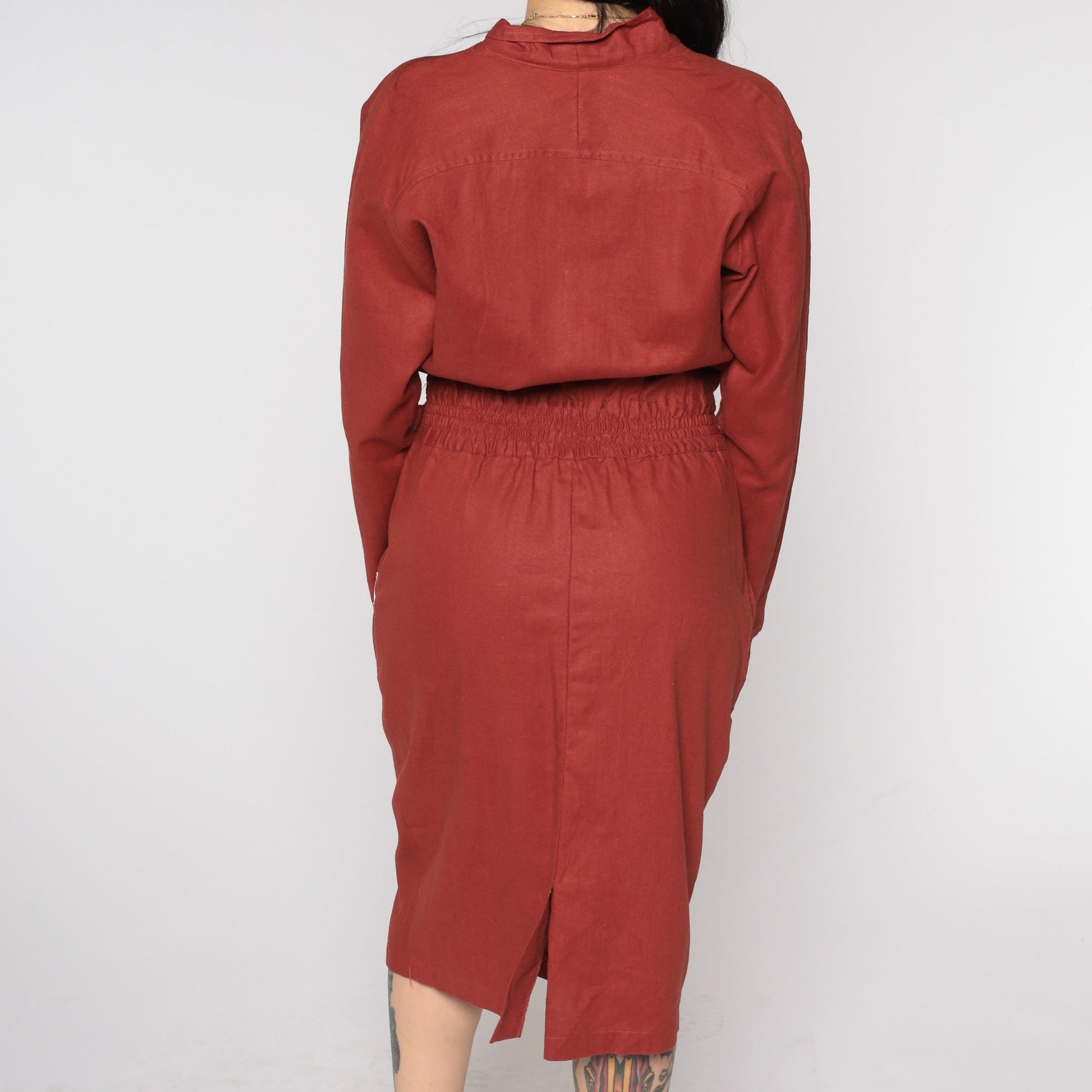 80s Rust Button-Up Sheath Dress V-Neck Long Sleeve Midi Medium