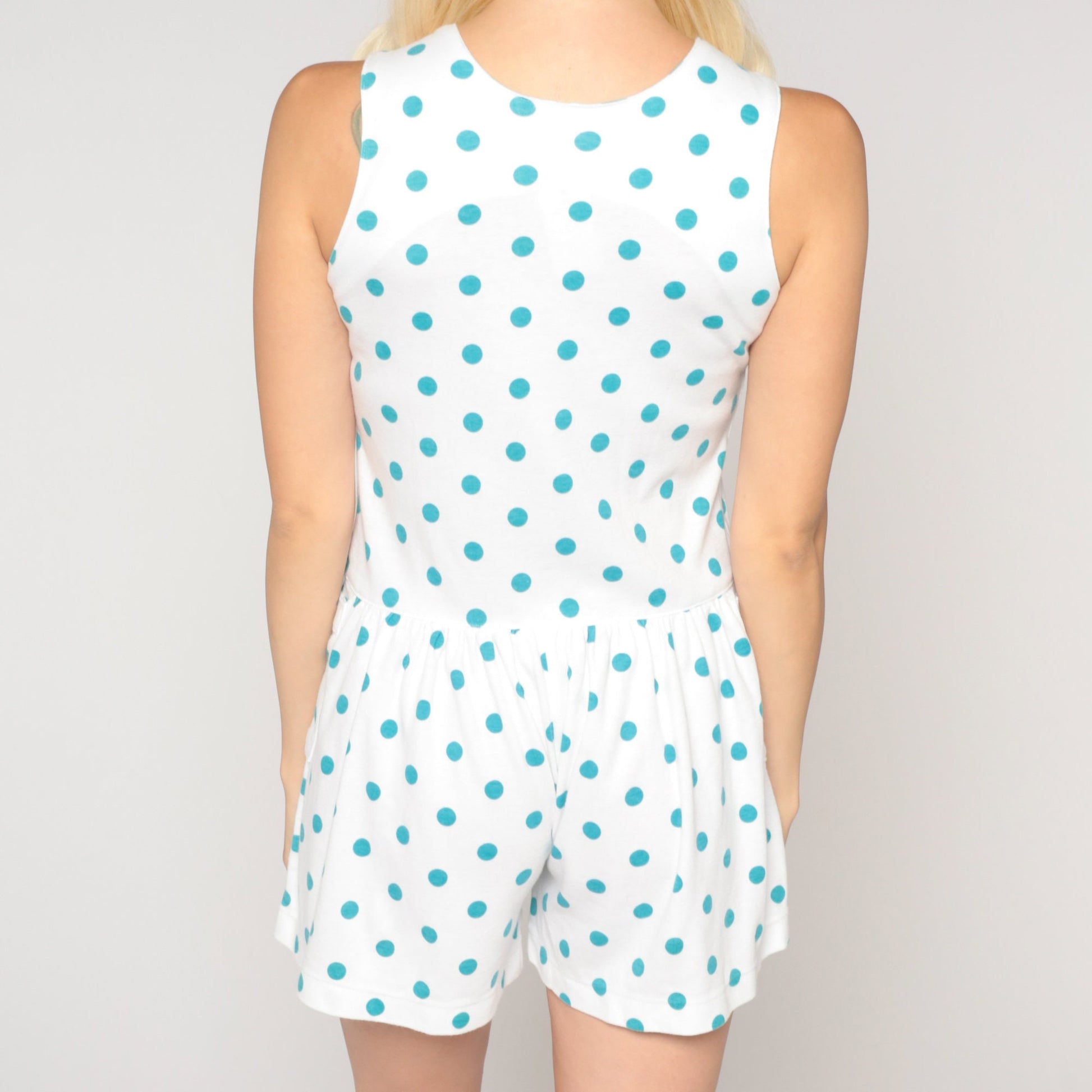 80s White Polka Dot Romper Sleeveless Playsuit Shorts Low Waist Extra Small