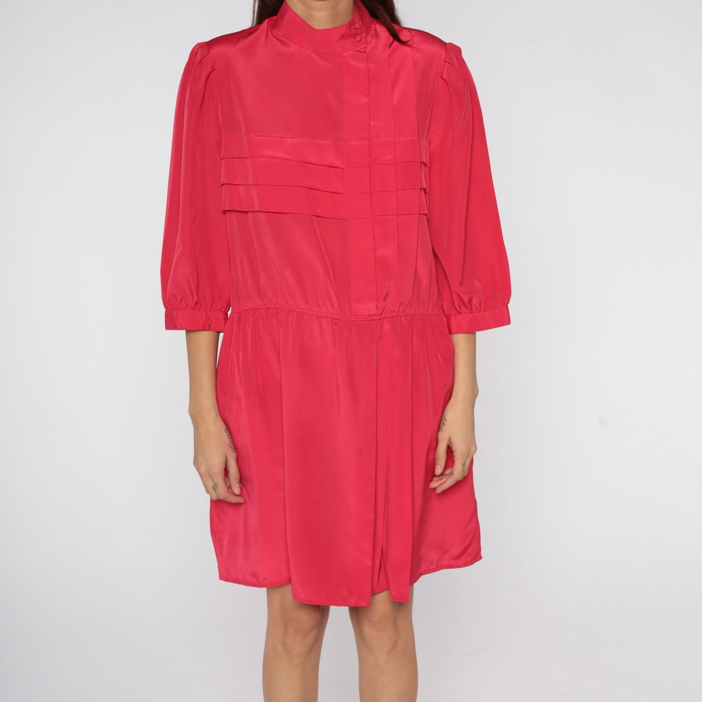 00s Hibiscus Pink Mini Dress Mock Neck Pleated High Waist Large L