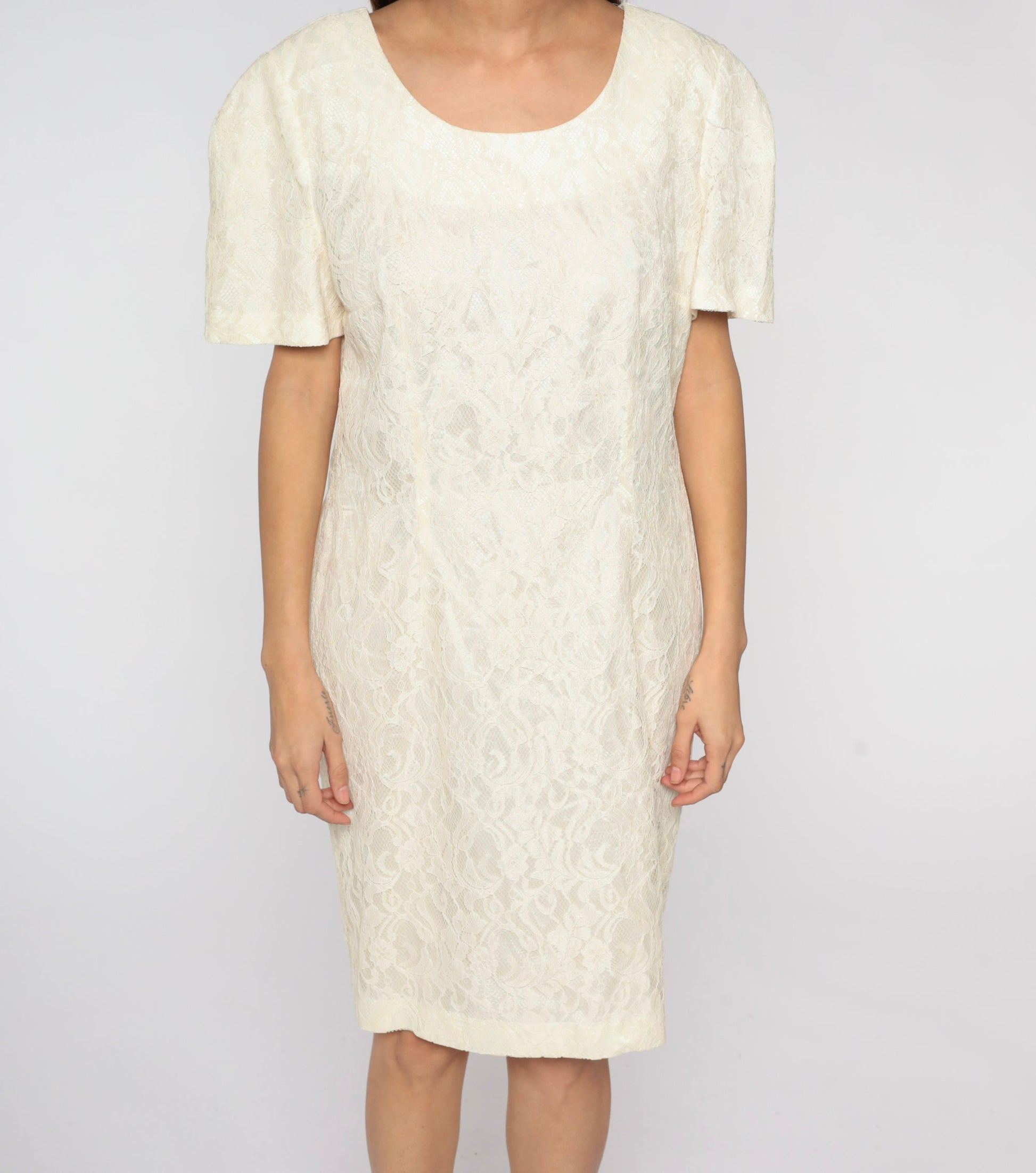 90s Off-White Lace Mini Dress Short Sleeve Sheath Cocktail Large L