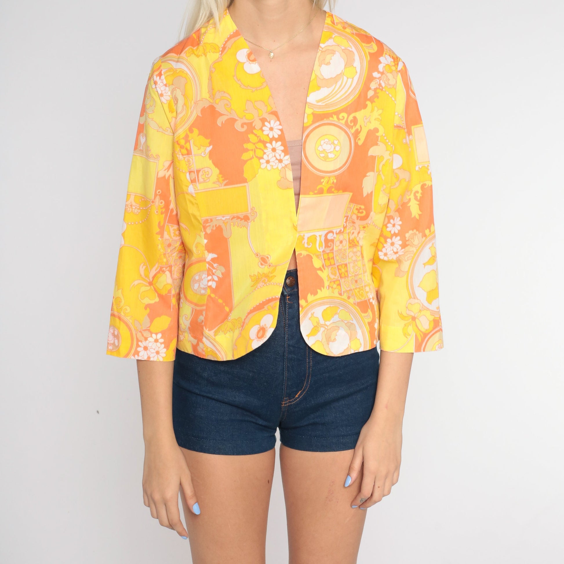 70s Floral Blazer Yellow Orange Flower Print 3/4 Sleeve Jacket Medium M