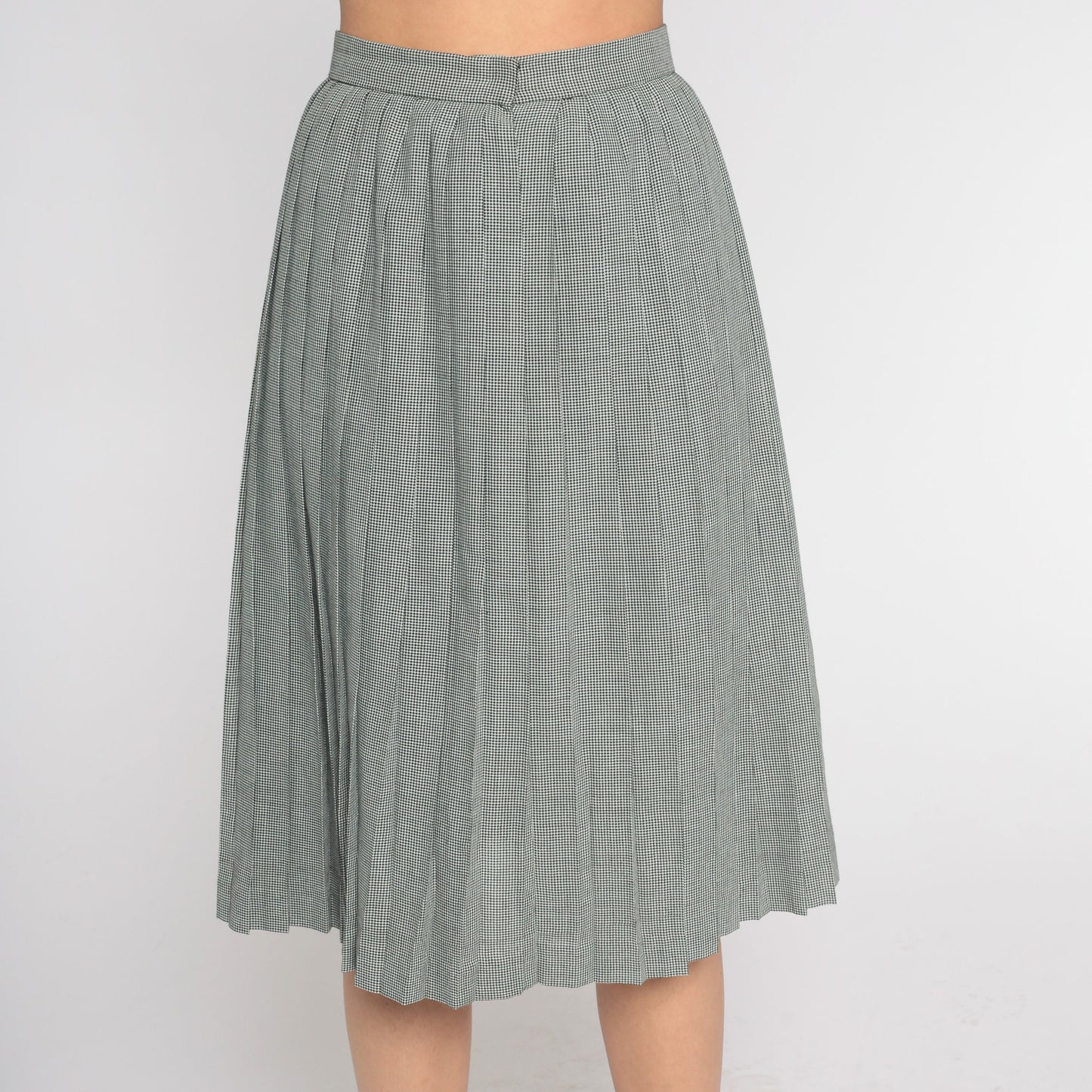 80s Houndstooth Pleated Midi Skirt Black White High Waist Extra Small