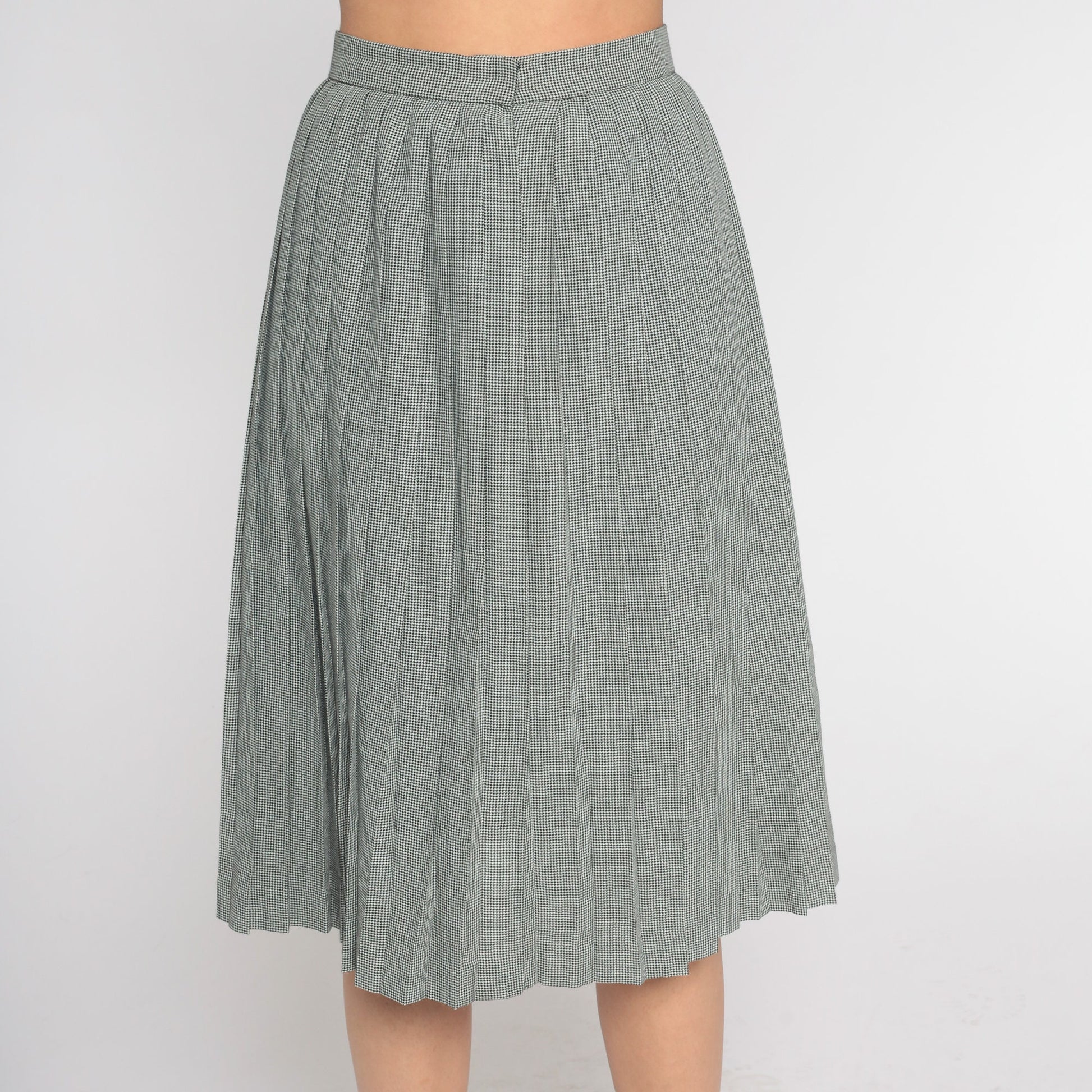 80s Houndstooth Pleated Midi Skirt Black White High Waist Extra Small