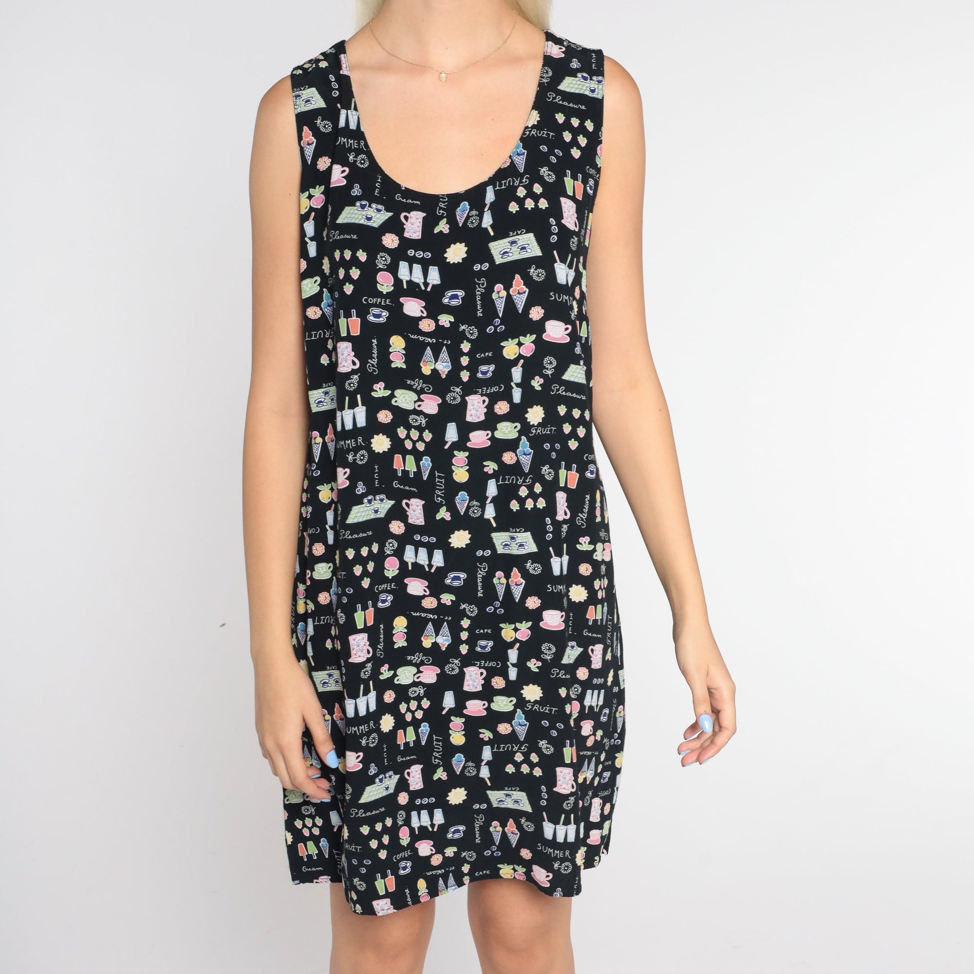 90s Black Mini Tank Dress Food Print Sleeveless Sundress Medium M