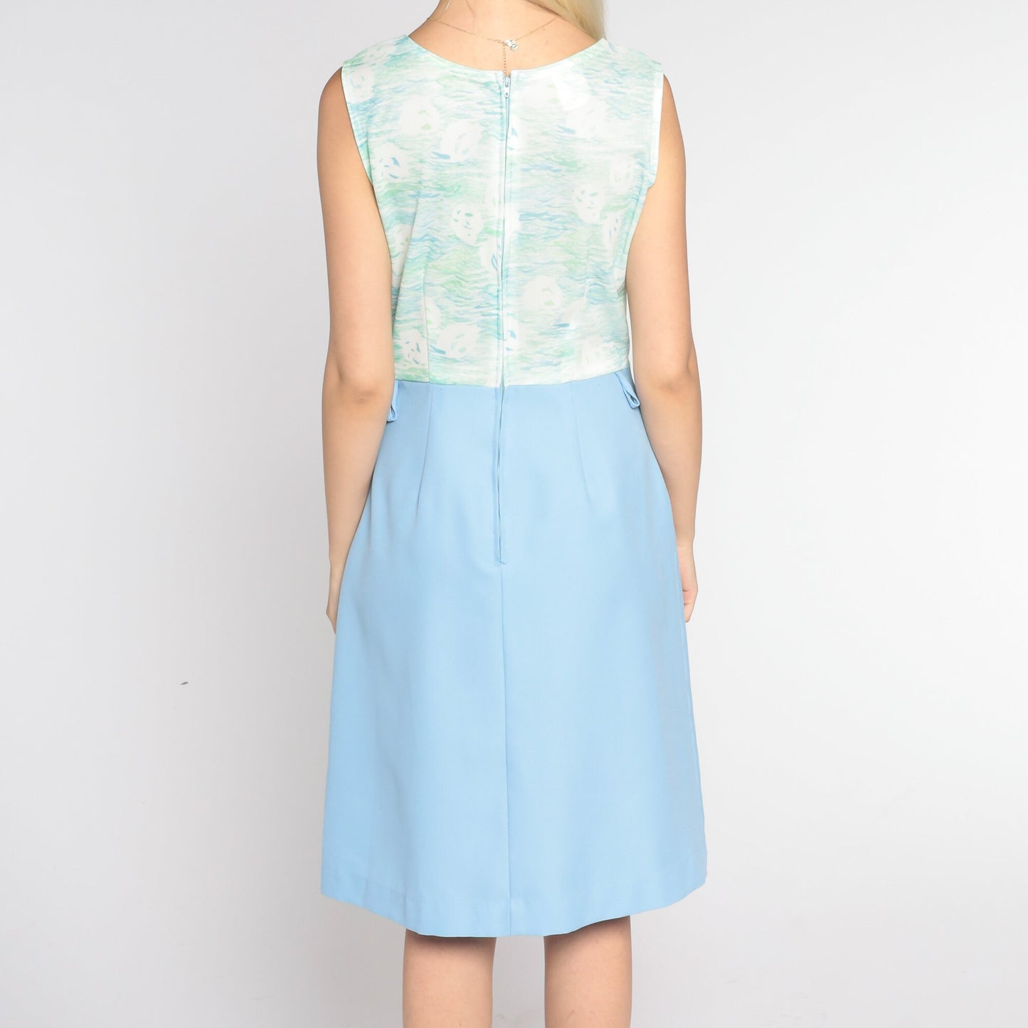 70s Watercolor Mini Dress Blue Green Sleeveless High Waist Small
