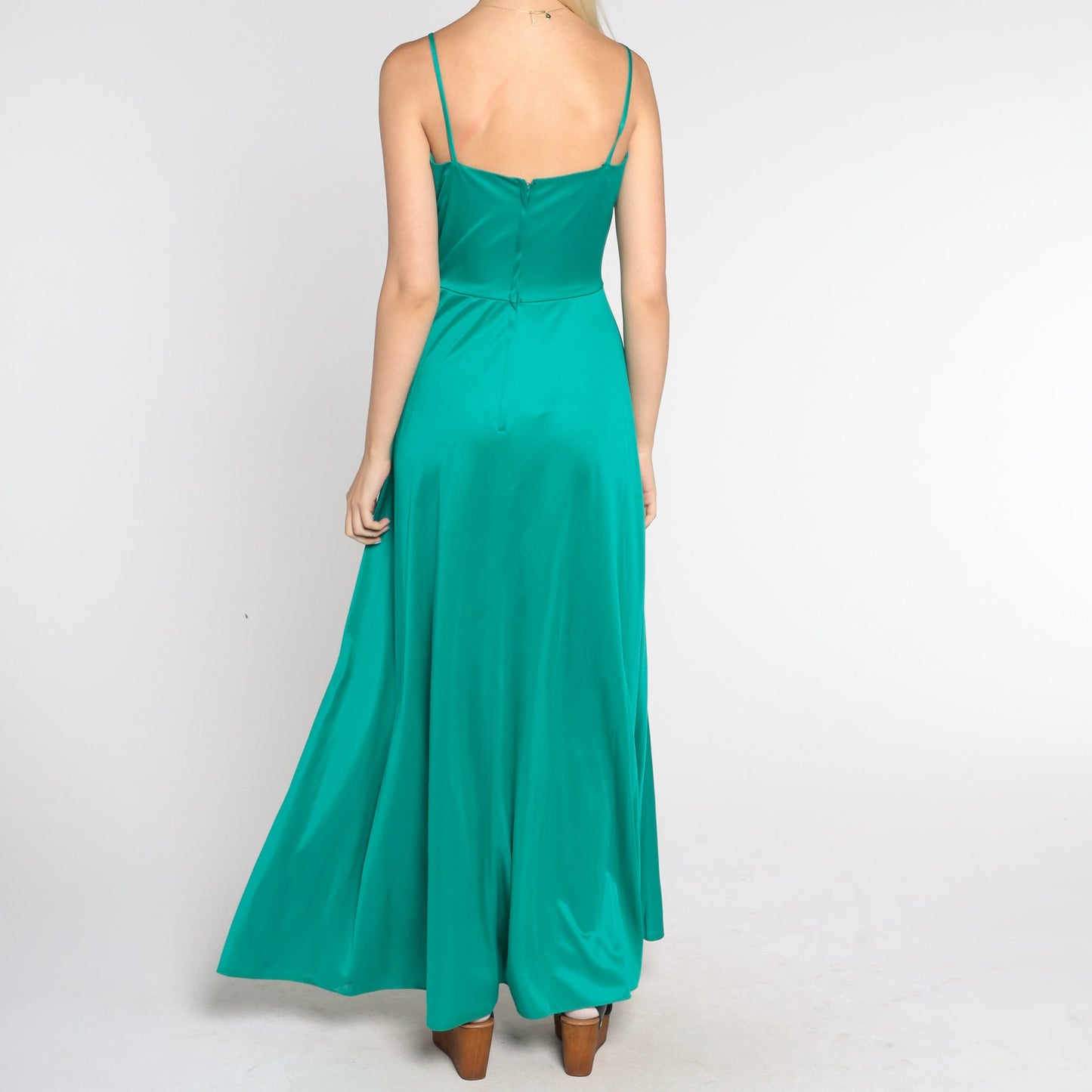 70s Green Maxi Dress Sweetheart Neckline Basque Waist Sleeveless Small S