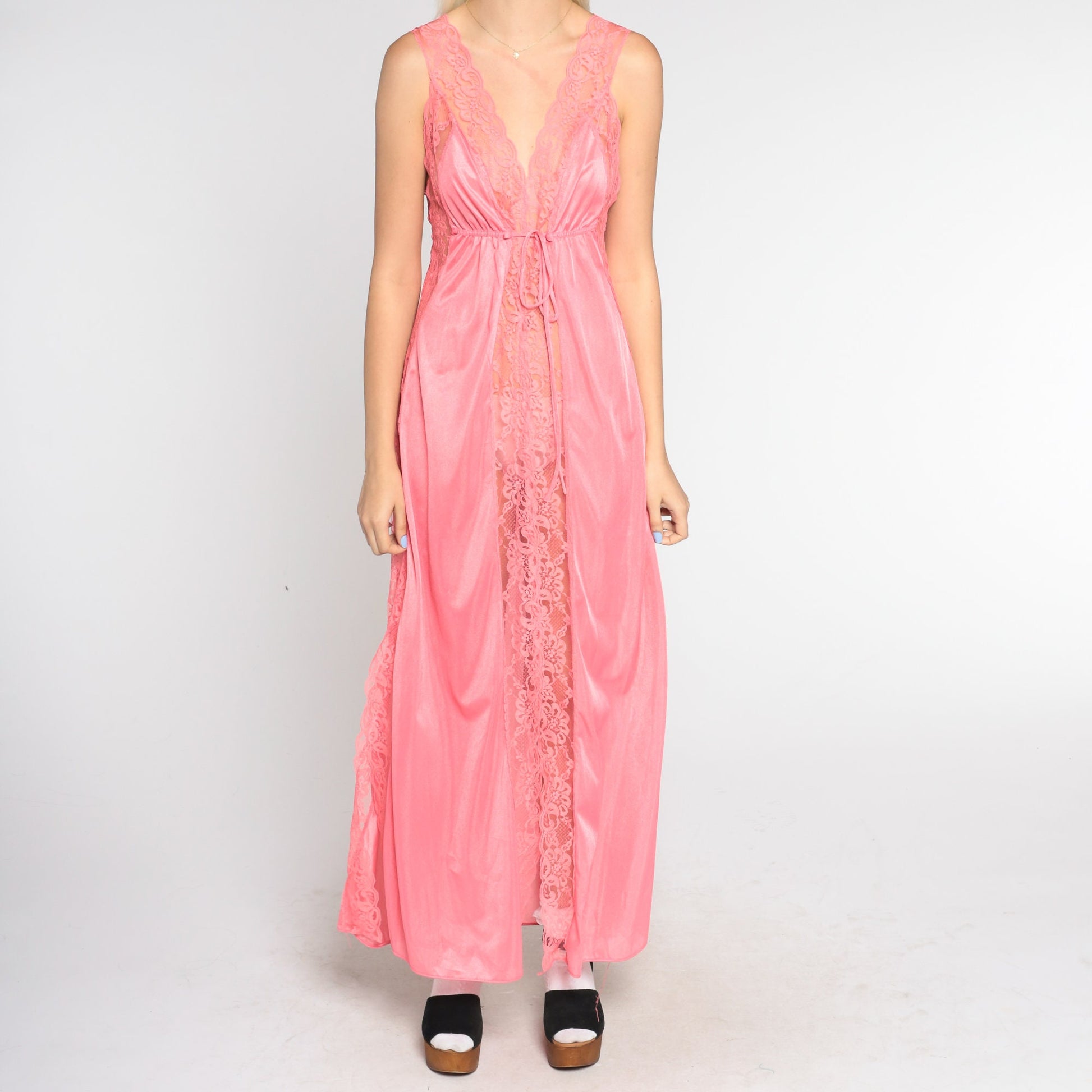 70s Bright Pink Sheer Floral Lace Nightgown Maxi Empire Waist Small