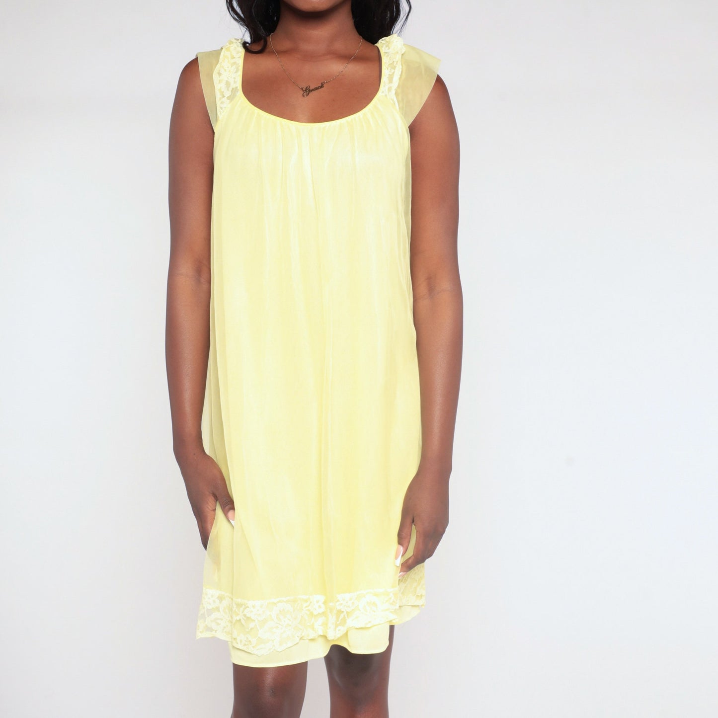 70s Yellow Nylon Nightgown Lace Cap Sleeve Mini Tent Cut Medium