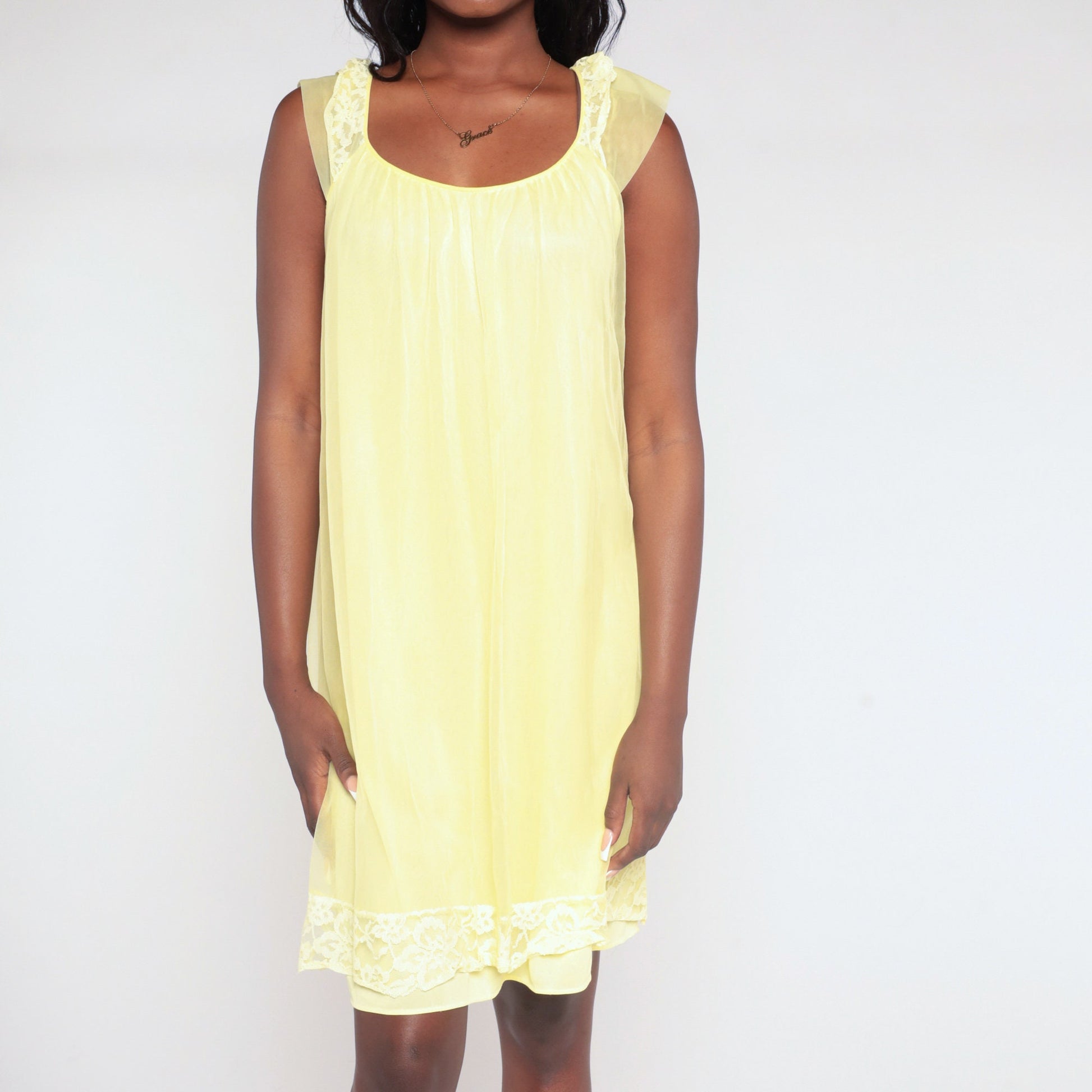 70s Yellow Nylon Nightgown Lace Cap Sleeve Mini Tent Cut Medium