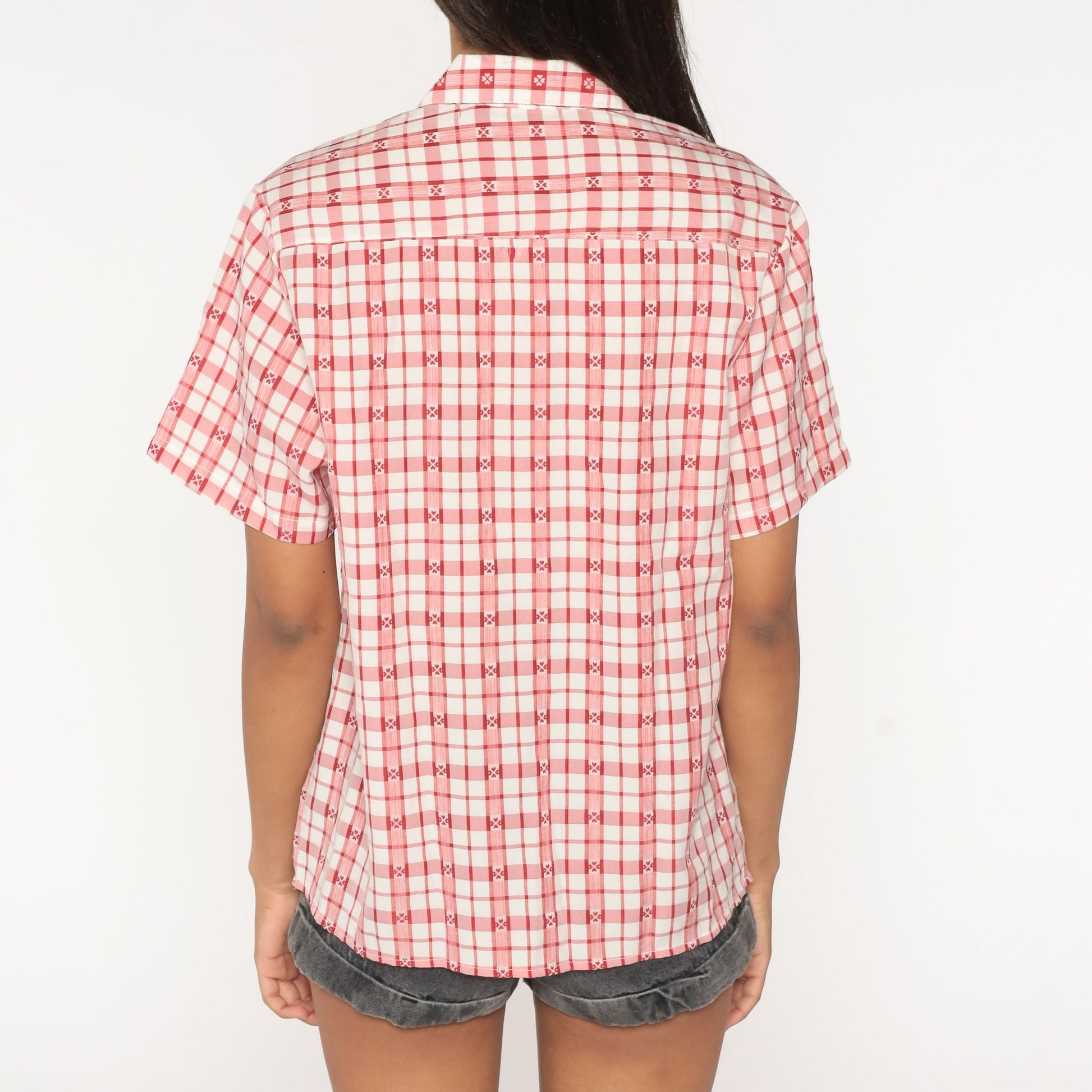 80s Plaid Heart Print Button-Up Shirt Red White Medium Large
