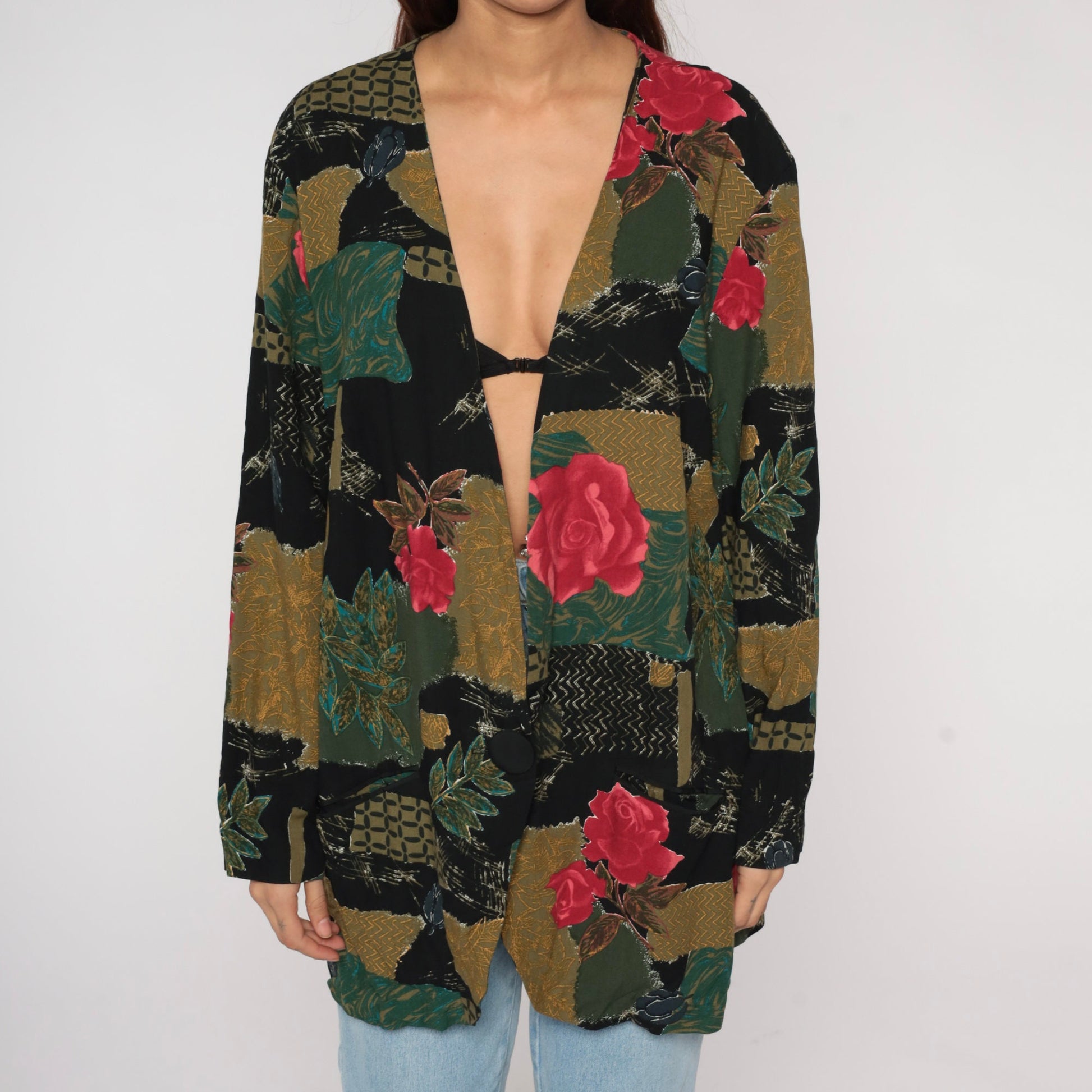 90s Patchwork Floral Rayon Jacket Deep V Button Front Rose Print Large
