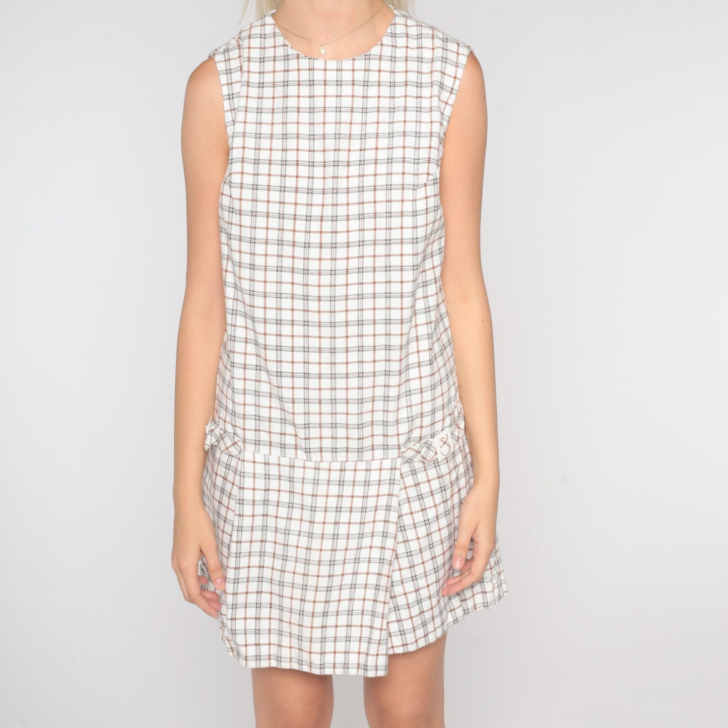 60s White Plaid Drop Waist Scooter Dress Sleeveless Minidress Medium