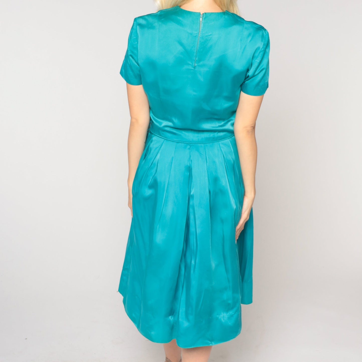 1960s Turquoise Taffeta Party Dress High Waist Side Zip Small S