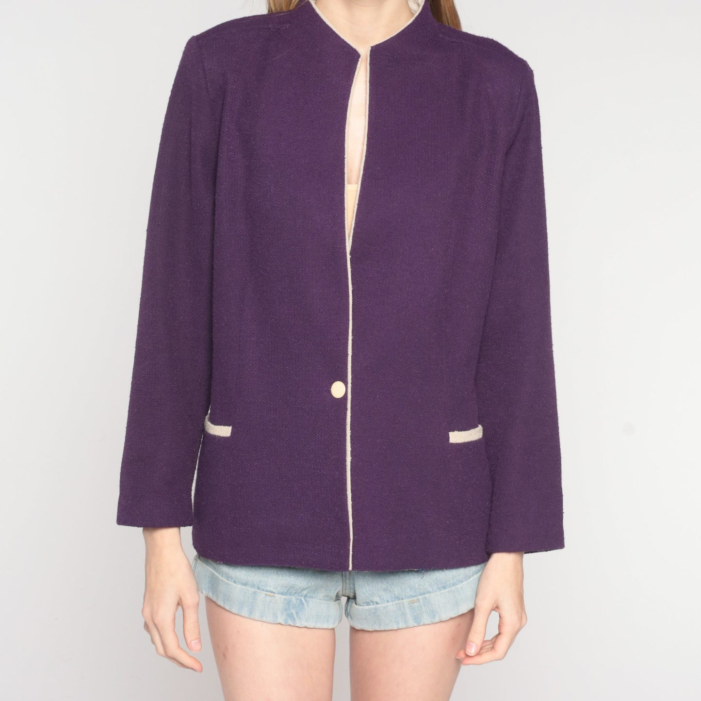70s Purple Woven Blazer Button Up Jacket Tailored Large L
