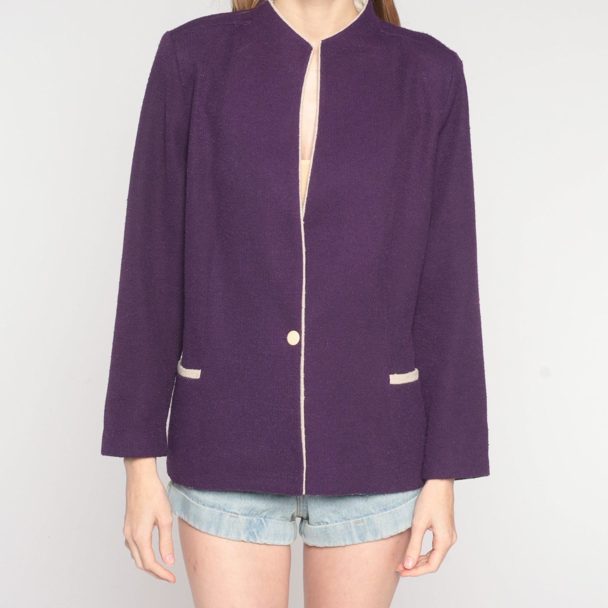 70s Purple Woven Blazer Button Up Jacket Tailored Large L
