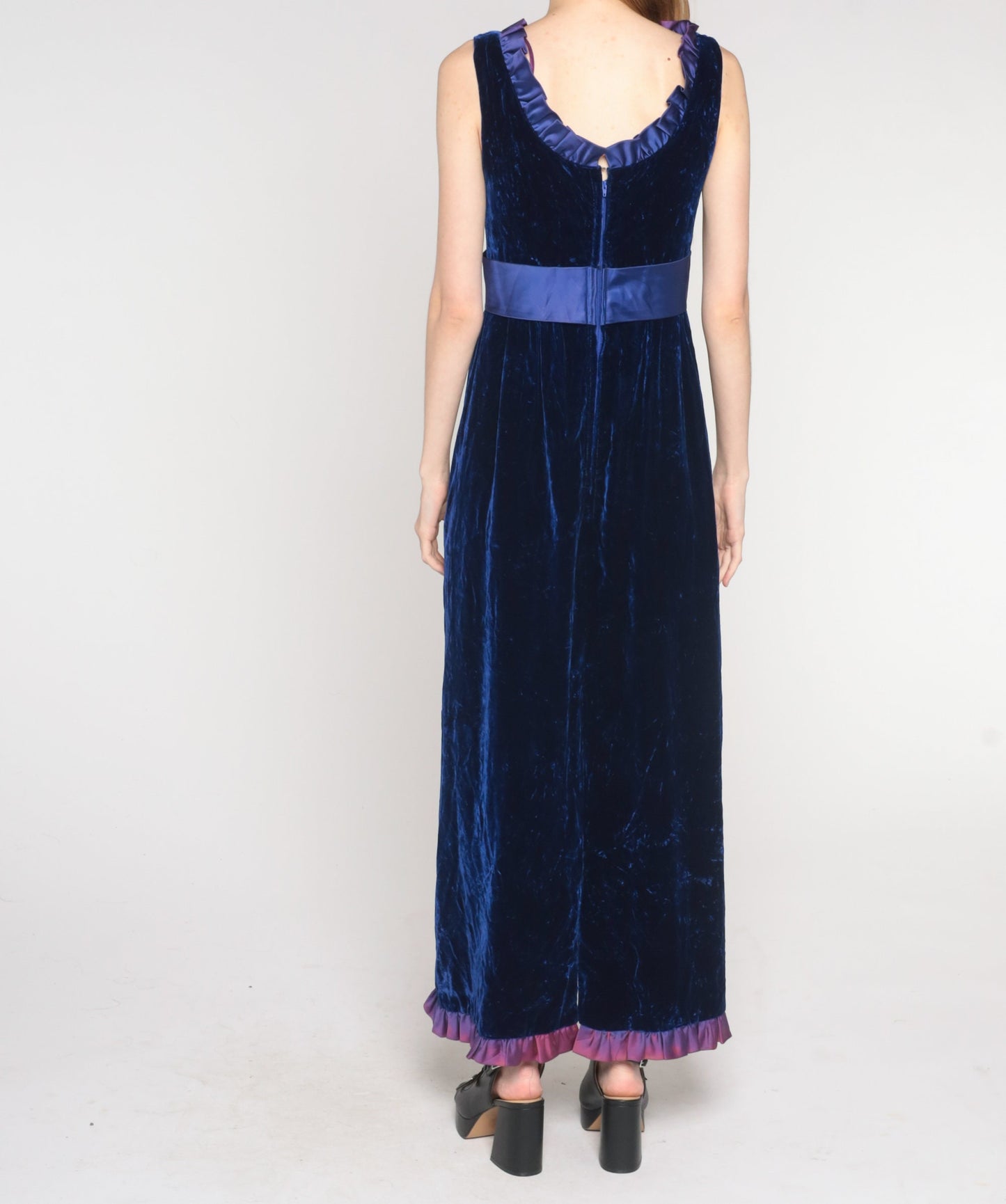 70s Indigo Velvet Maxi Dress Empire Waist Bow Ruffled Neckline Small S