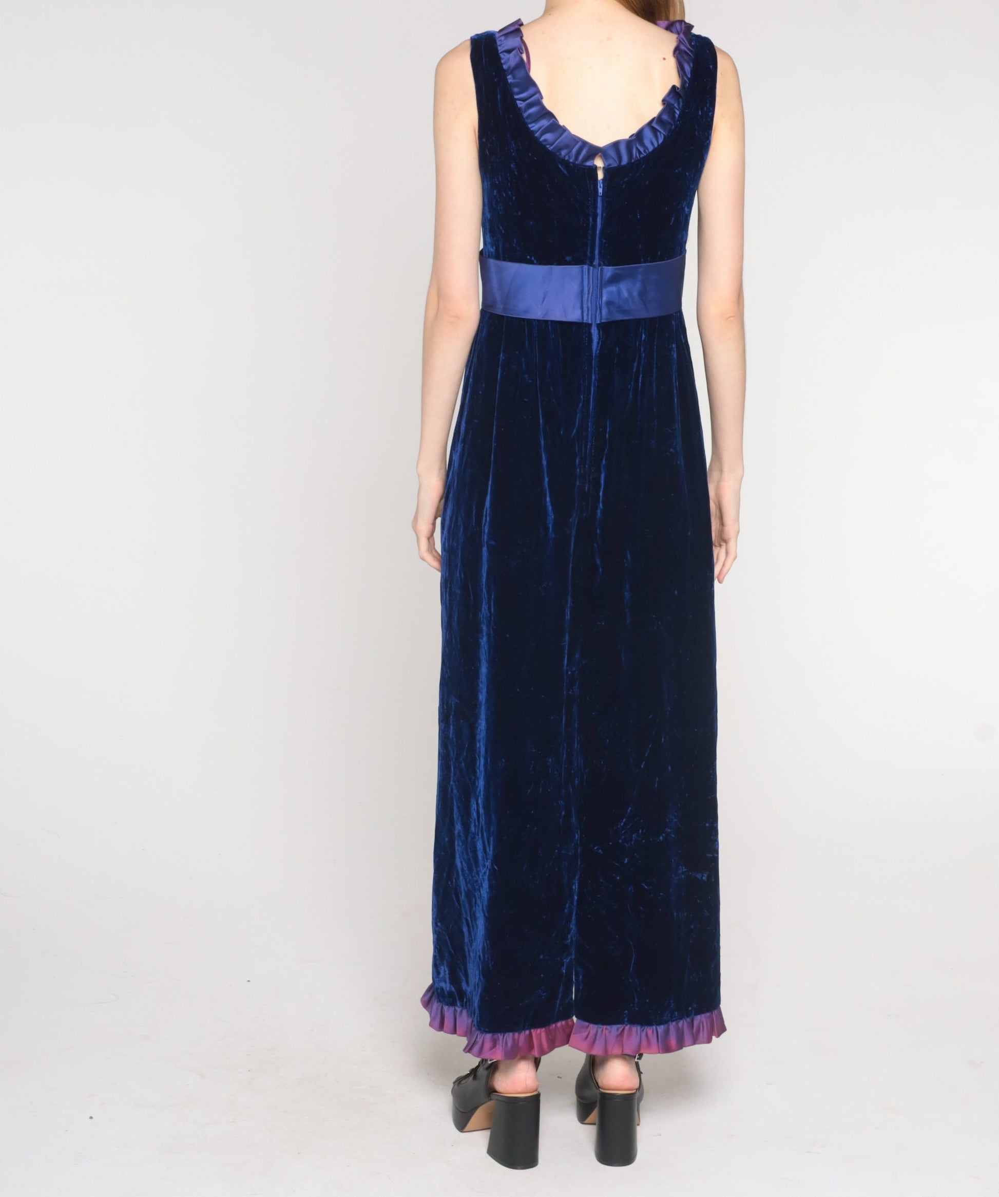 70s Indigo Velvet Maxi Dress Empire Waist Bow Ruffled Neckline Small S