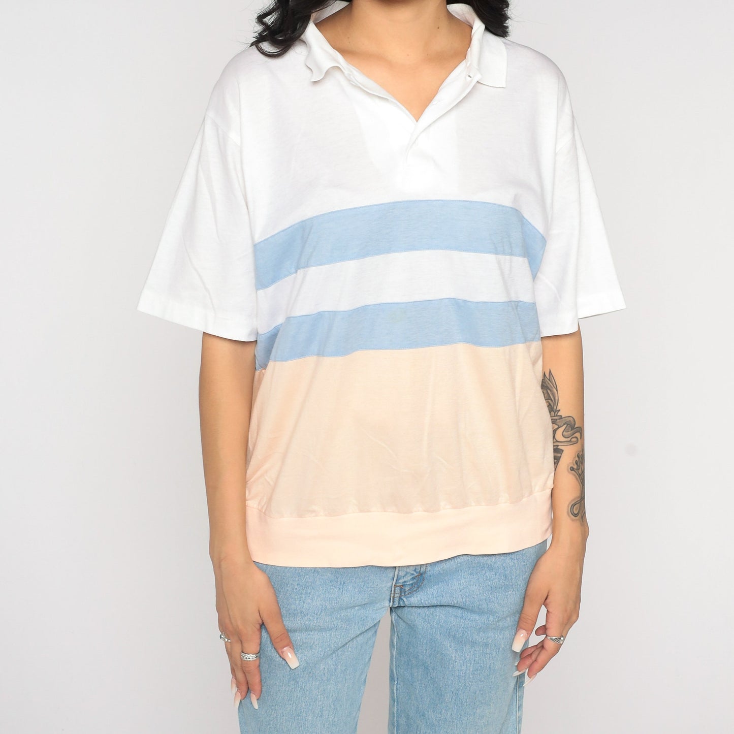 80s Striped Polo Shirt White Peach Blue Color Block Short Sleeve Medium Large
