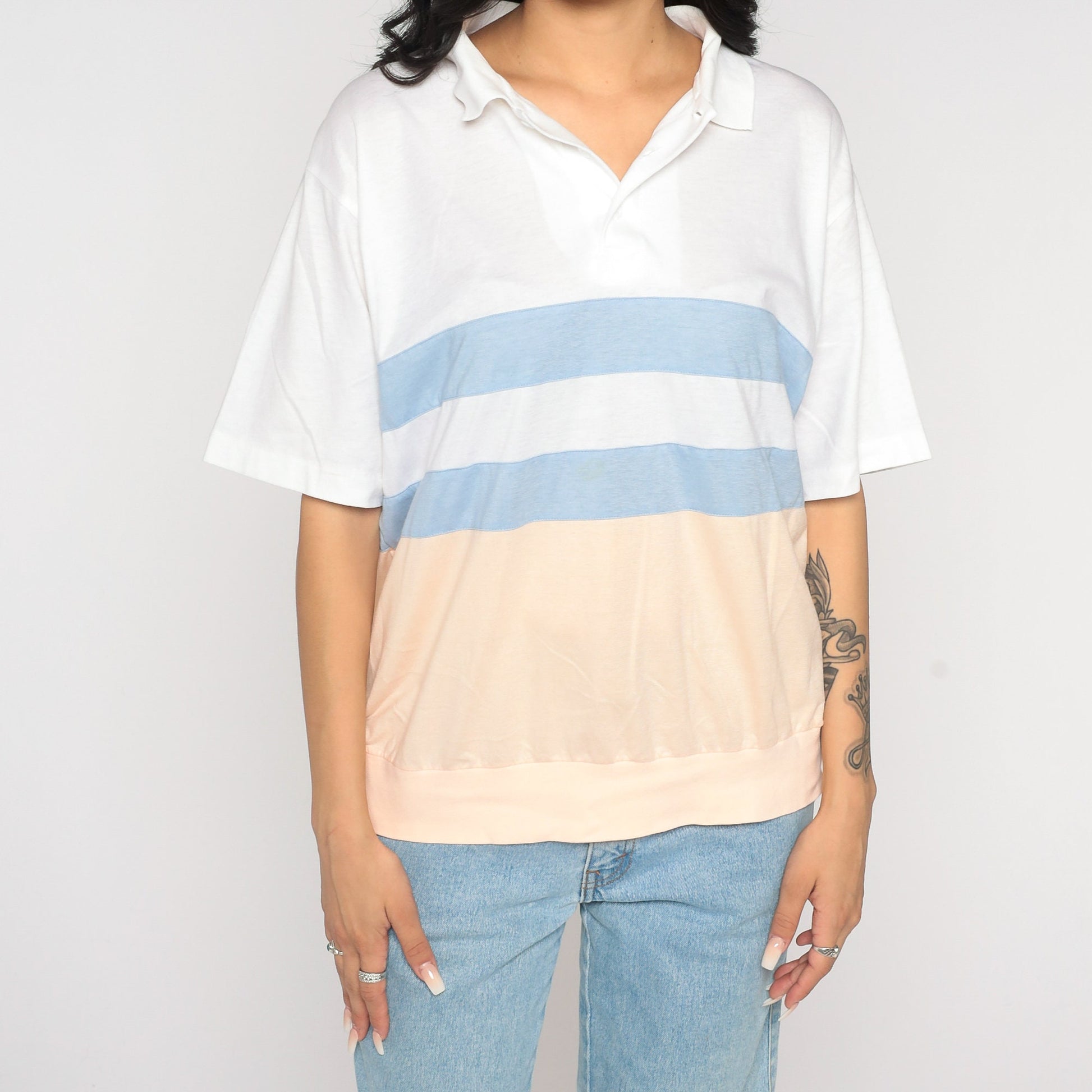 80s Striped Polo Shirt White Peach Blue Color Block Short Sleeve Medium Large