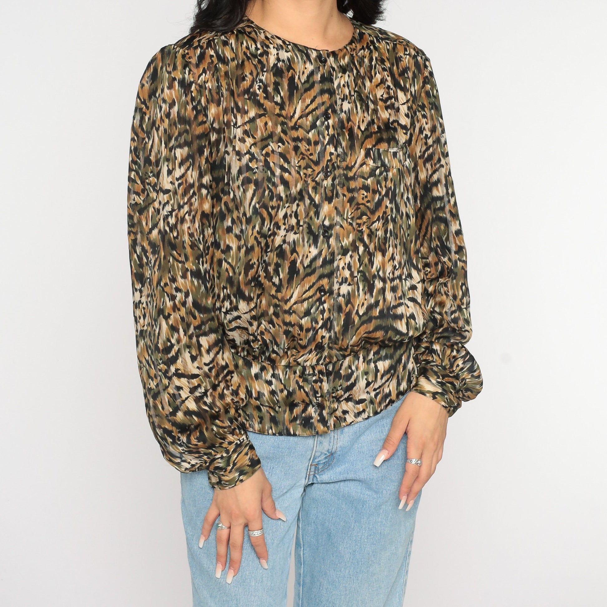 90s Animal Print Button-Up Blouse Tiger Leopard Stripe Long Sleeve Large