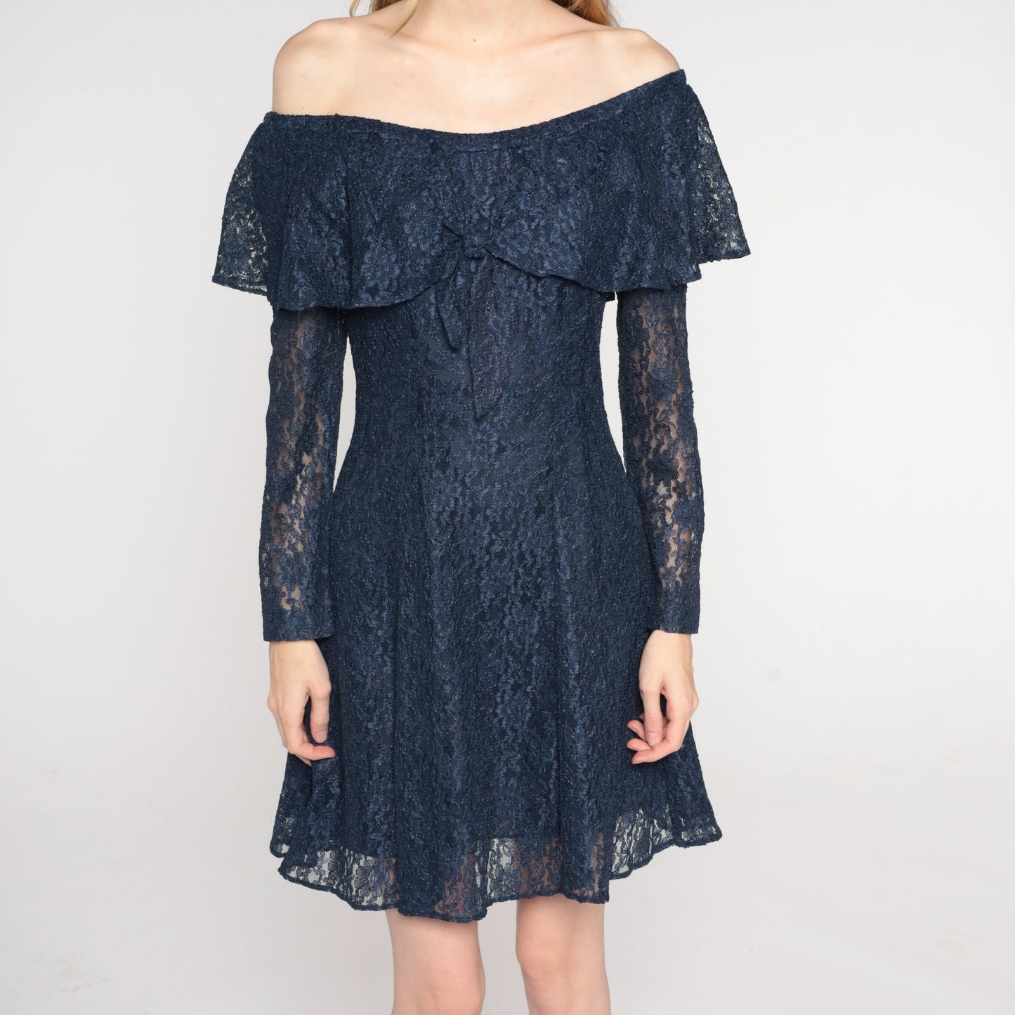 90s Navy Floral Lace Mini Dress Off-Shoulder Long Sleeve Small S