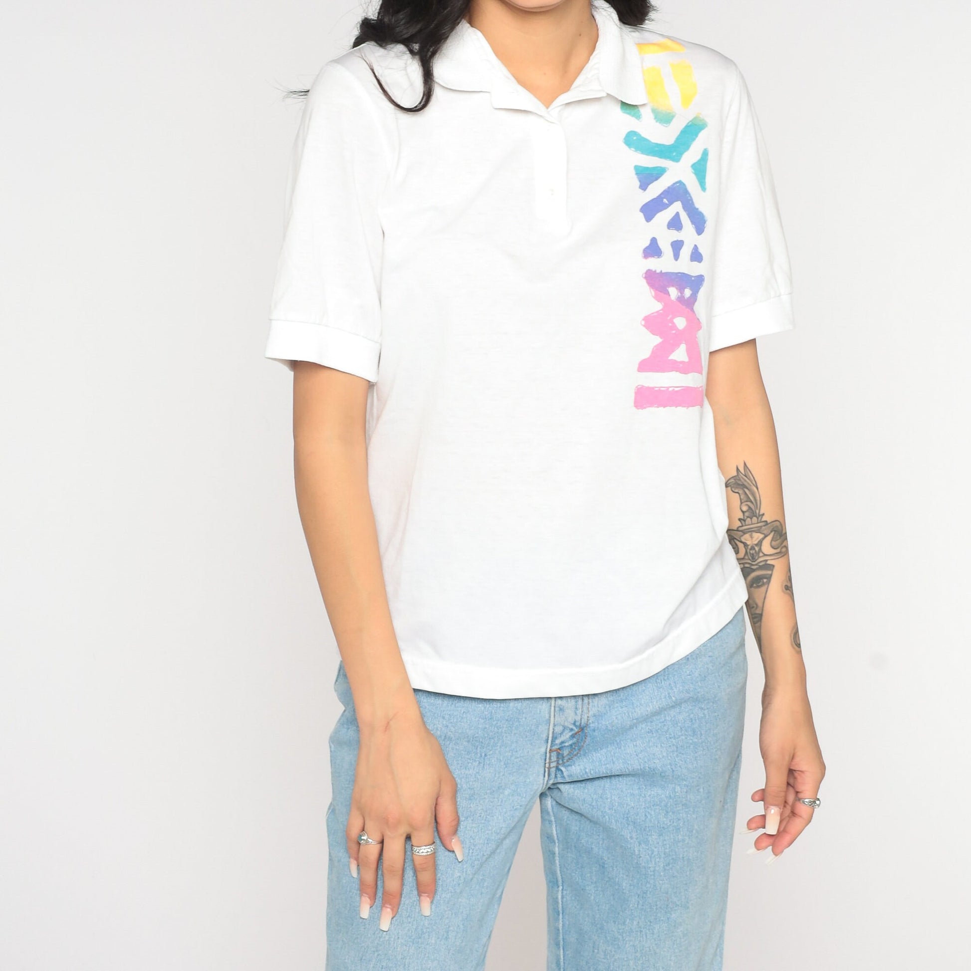 80s White Neon Geometric Polo Shirt Half Button Collared Small