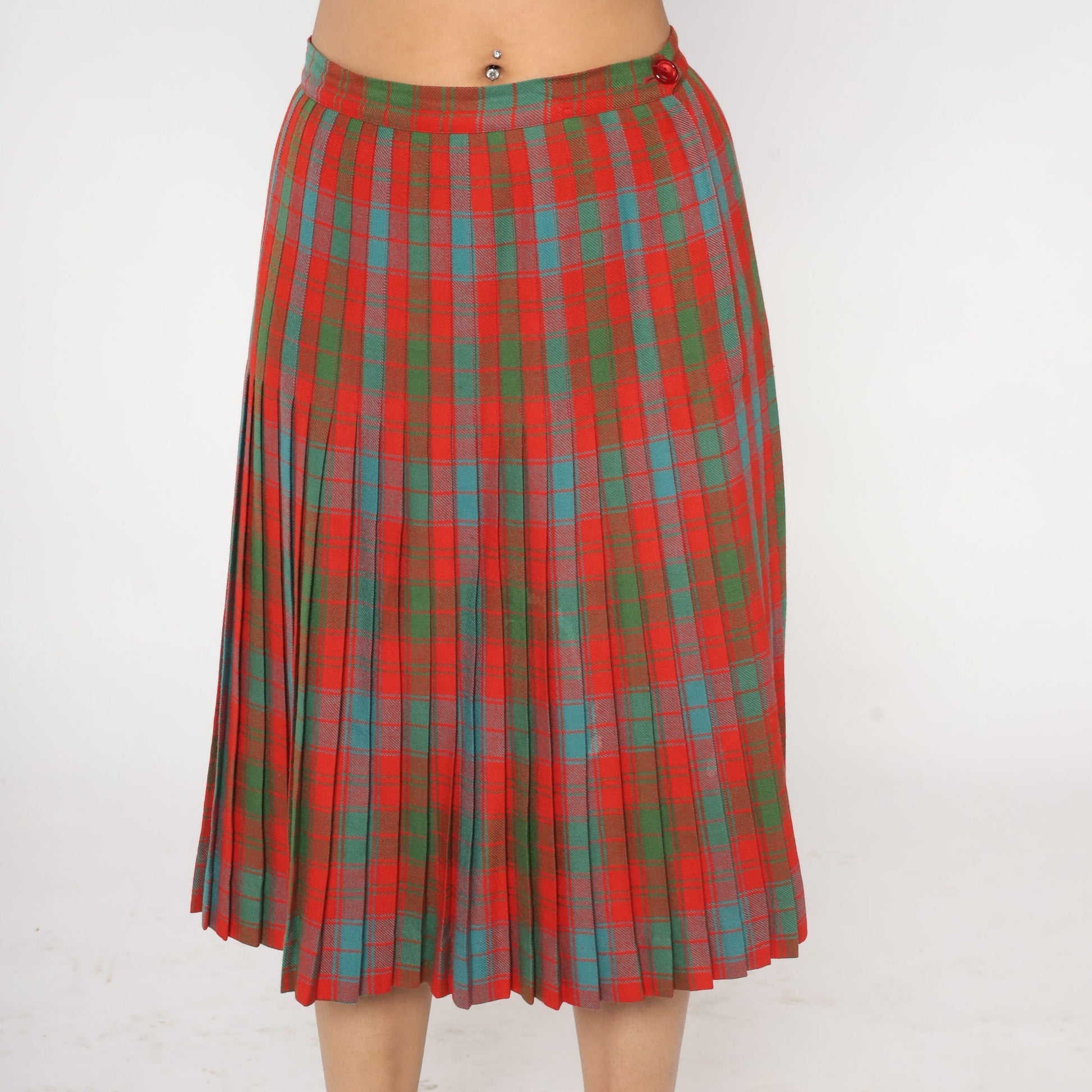 60s Plaid Wool Midi Skirt High Waist Pleated Tartan Red Blue Green Medium