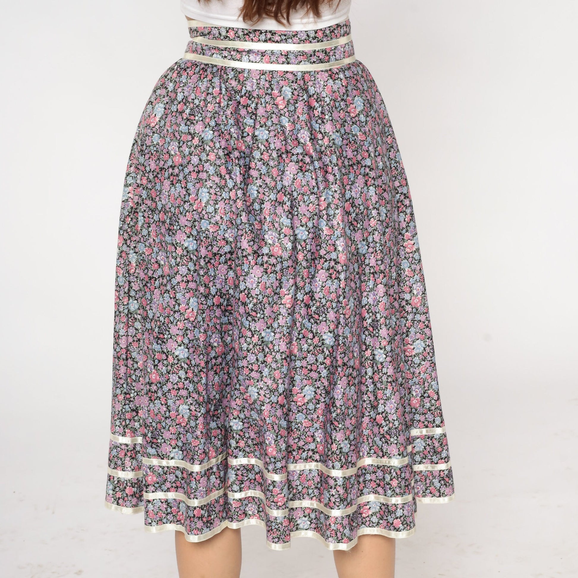 70s Gunne Sax Floral Midi Skirt Black Calico Lace Cotton Small