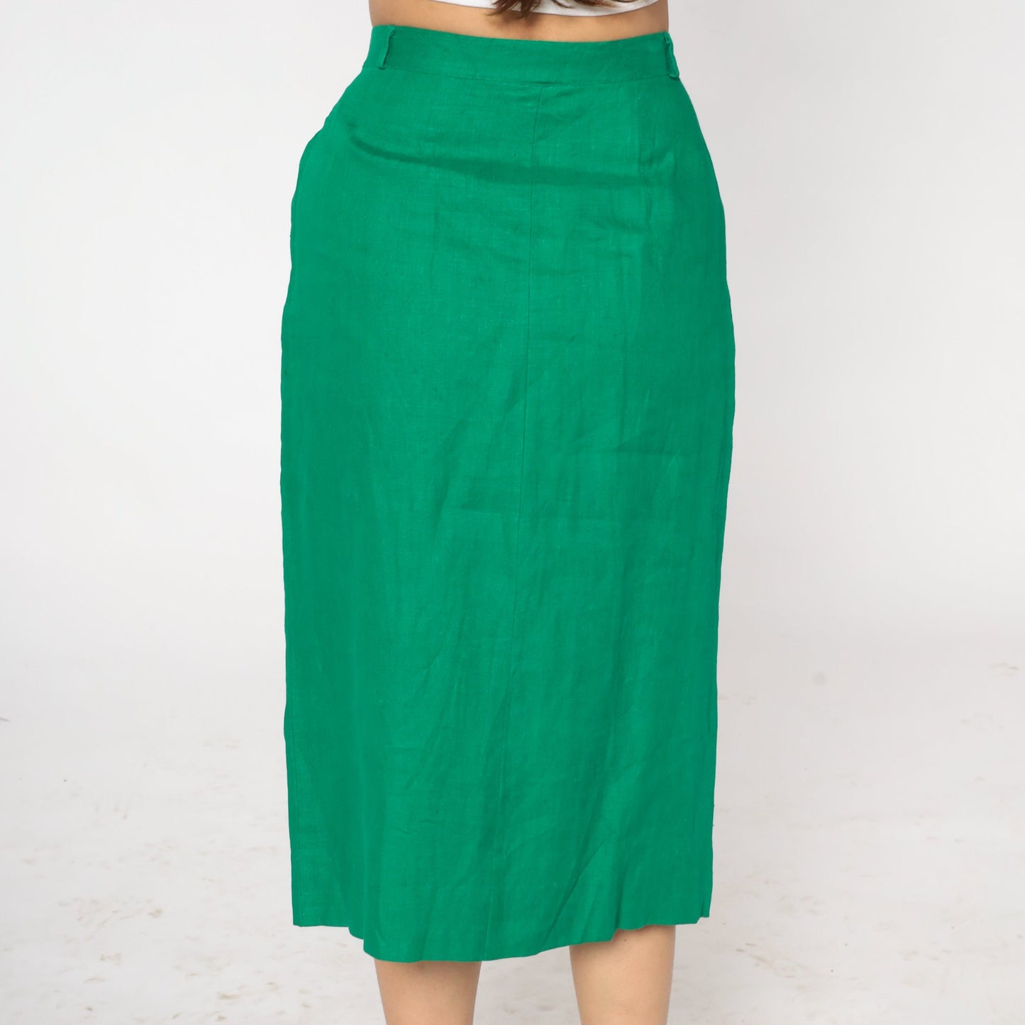 80s Green Linen Midi Skirt High Waist Button Front Pencil Small Medium
