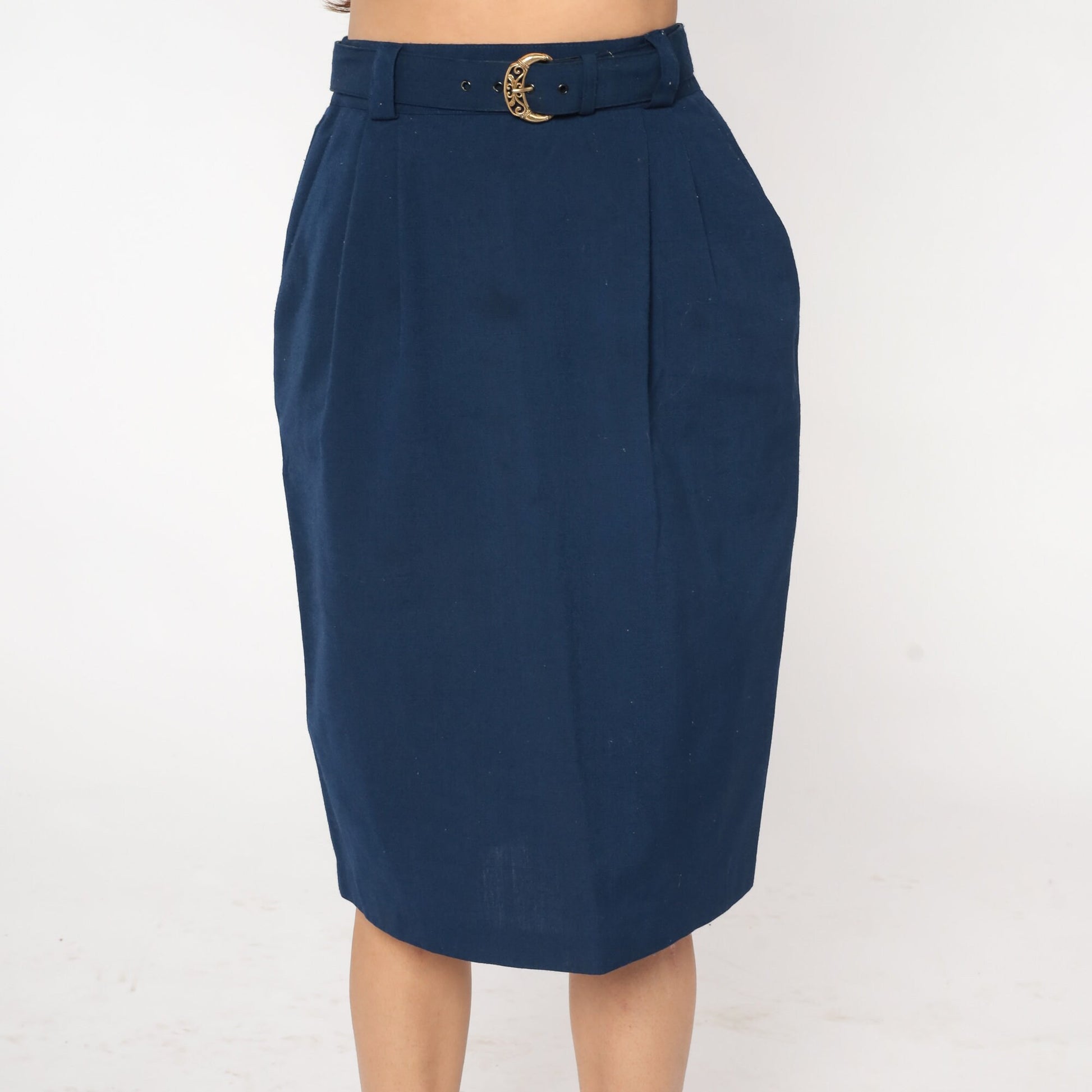80s Navy Pencil Skirt High Waisted Knee Length Belted Small
