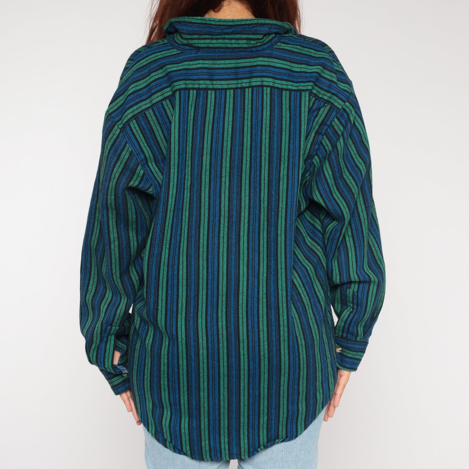 90s Woven Striped Button-Up Shirt Blue Green Long Sleeve Collared Extra Large