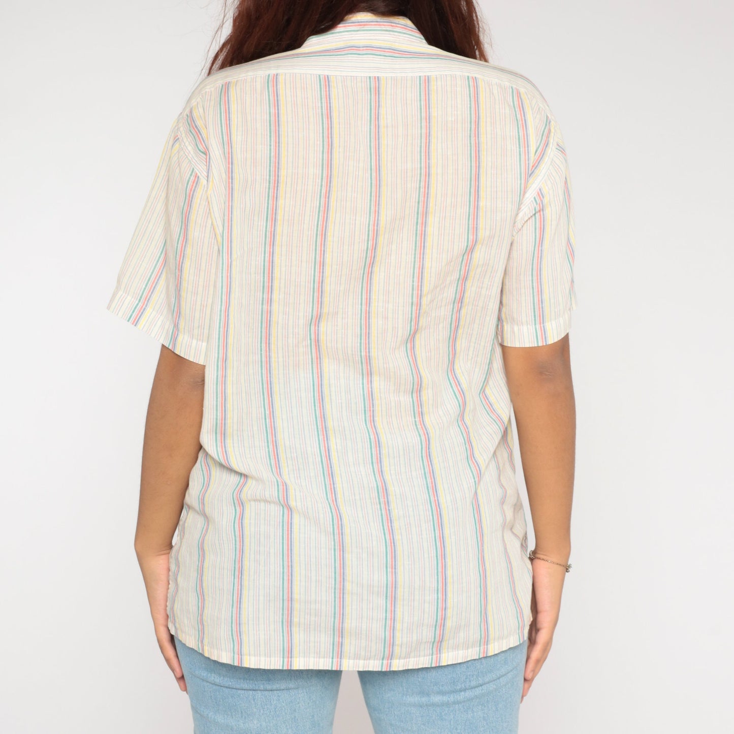 80s Striped Button-Up Shirt White Cotton Short Sleeve Collared Top Large