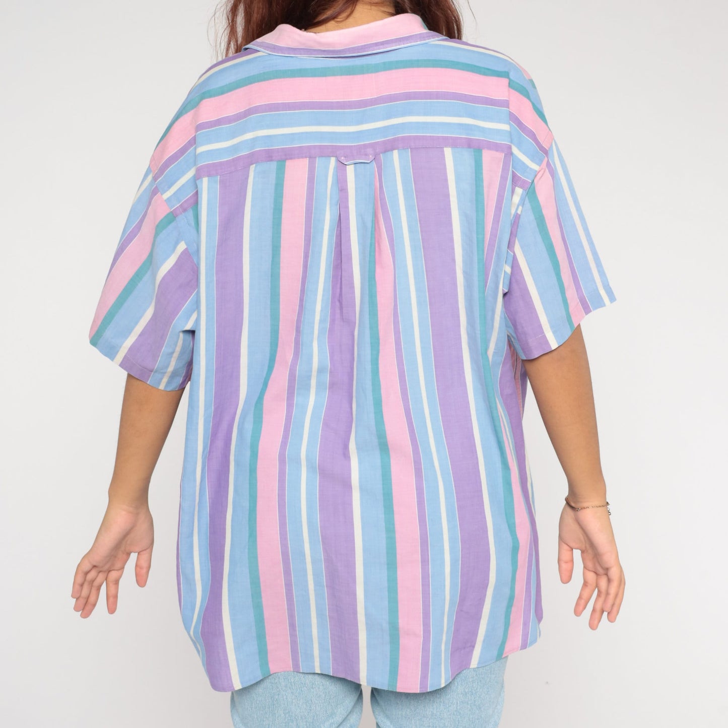 90s Striped Button-Up Shirt Pink Purple Green Short Sleeve Collar XXL