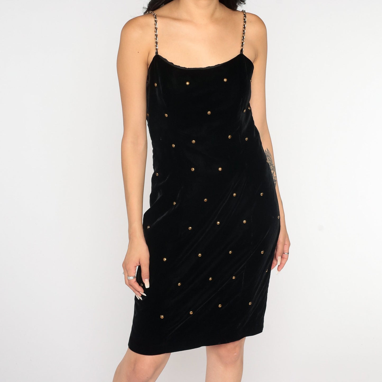 90s Black Velvet Mini Dress Gold Studs Chain Straps Sheath Small