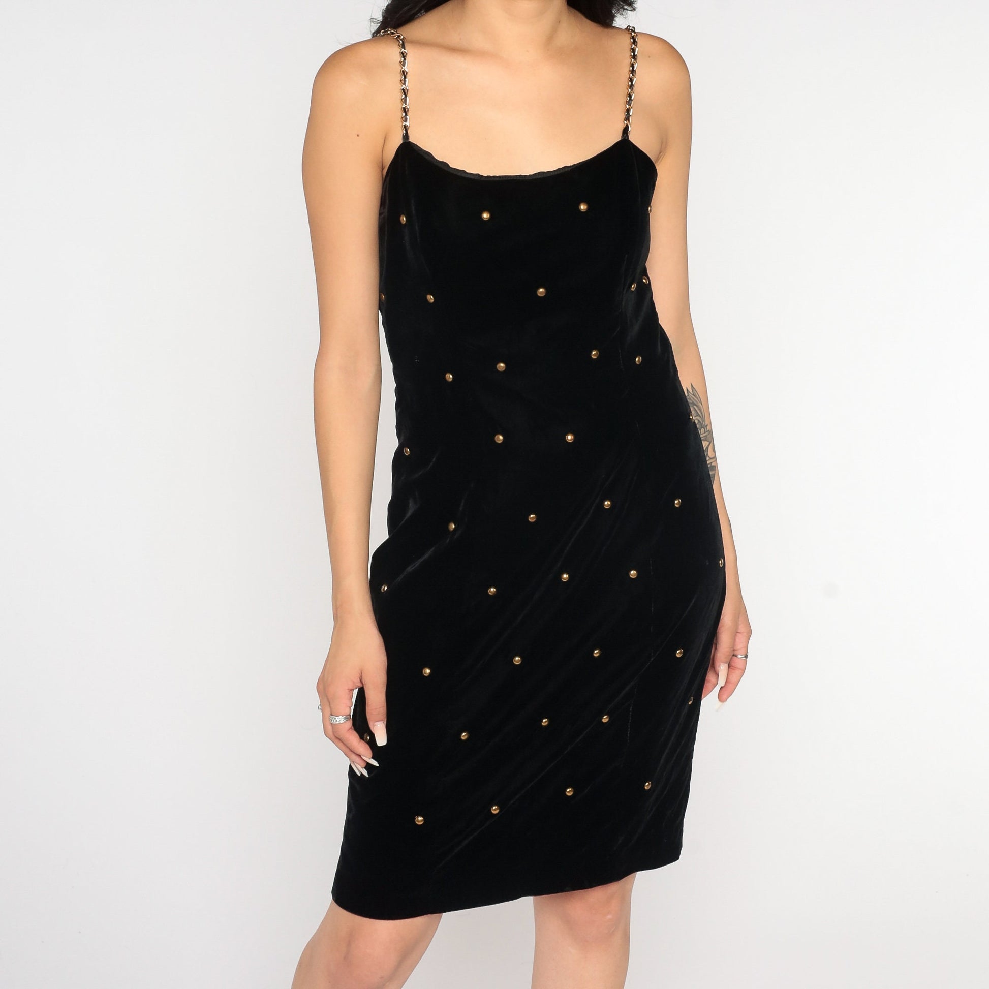 90s Black Velvet Mini Dress Gold Studs Chain Straps Sheath Small