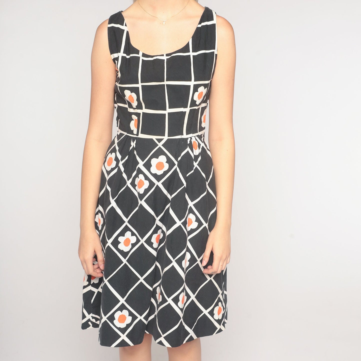 60s Black White Checkered Floral Mini Dress Sleeveless A-Line Extra Small