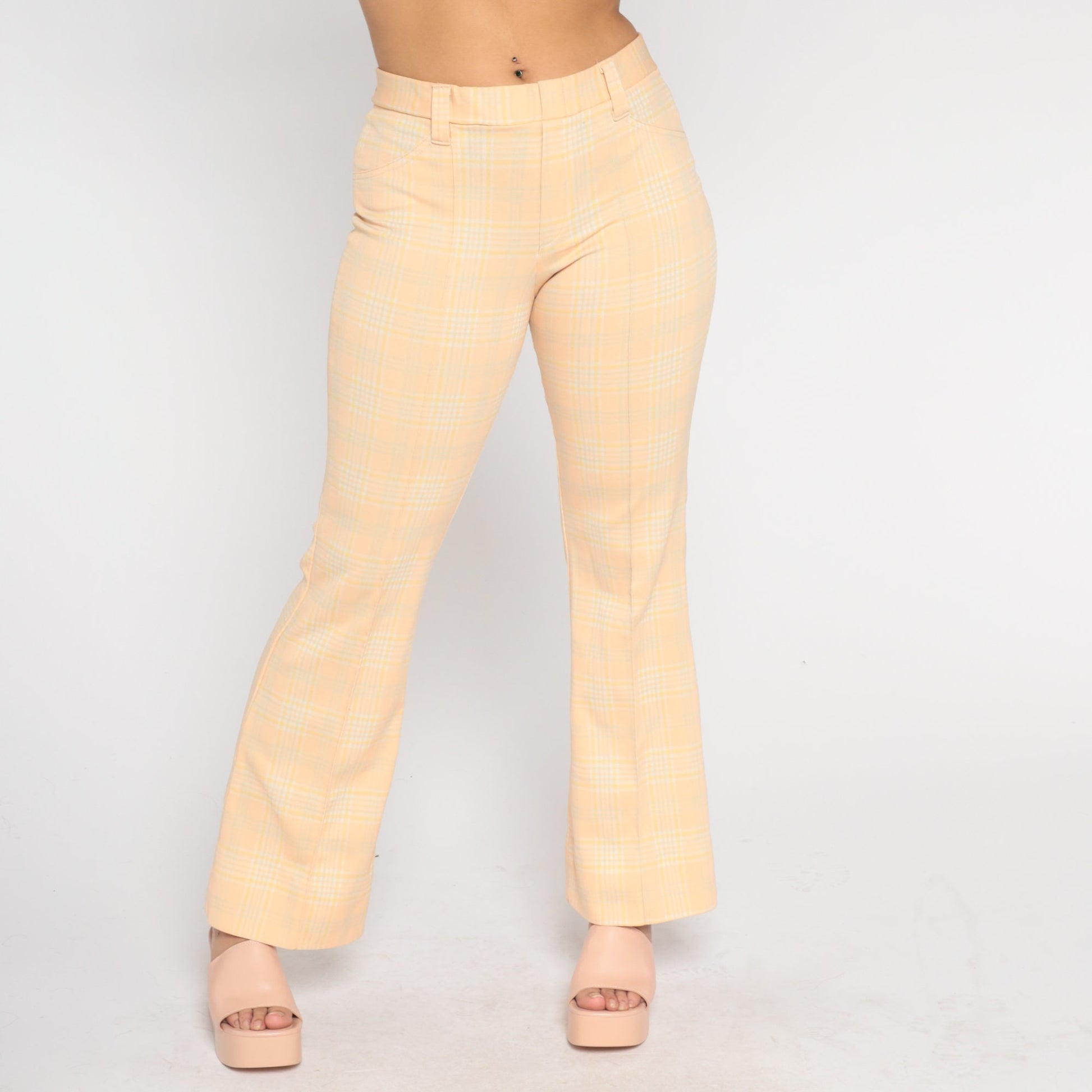 70s Peach Plaid High-Waisted Flared Trousers Medium M