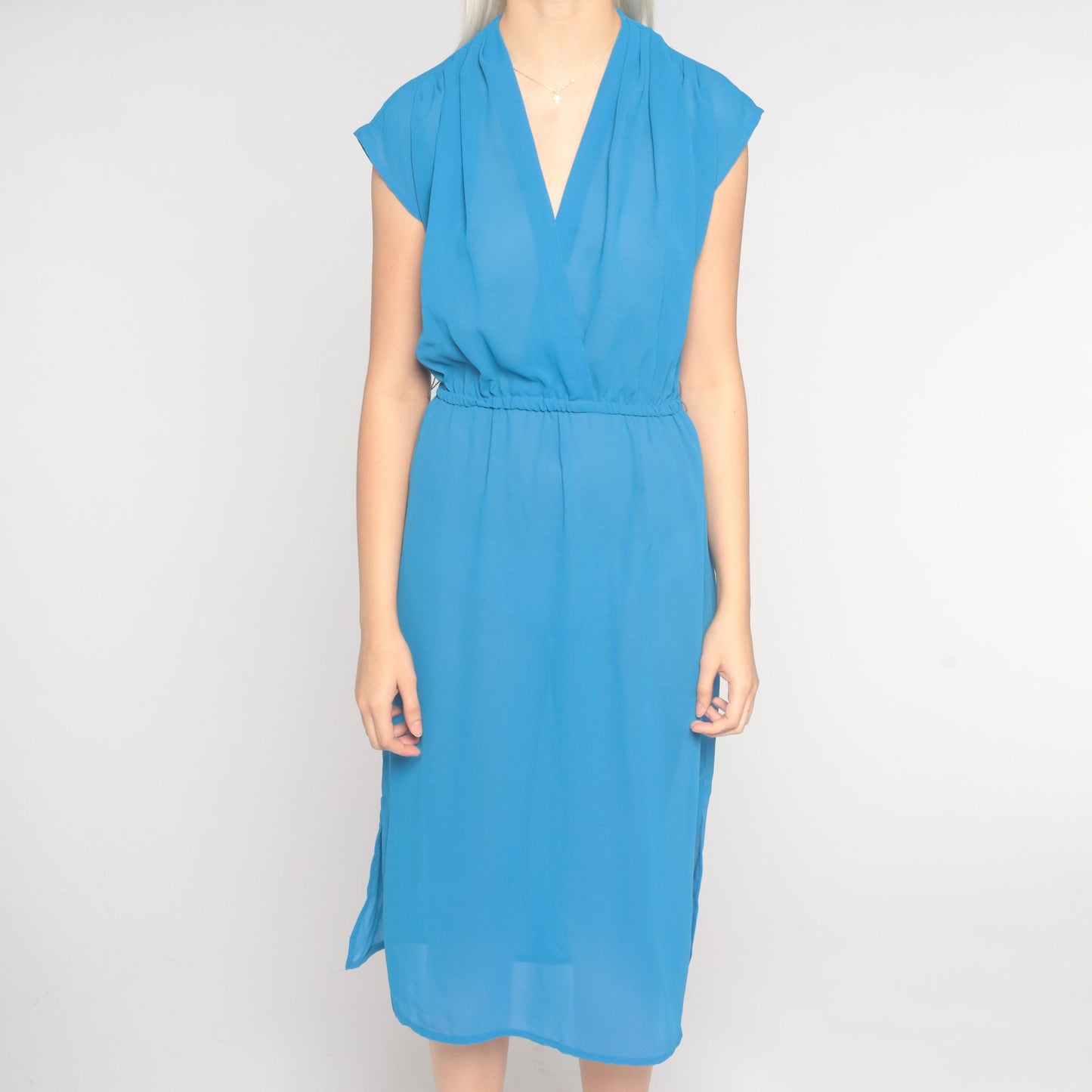 70s Blue Semi Sheer Midi Dress Cap Sleeve V Neck Elastic Waist Small
