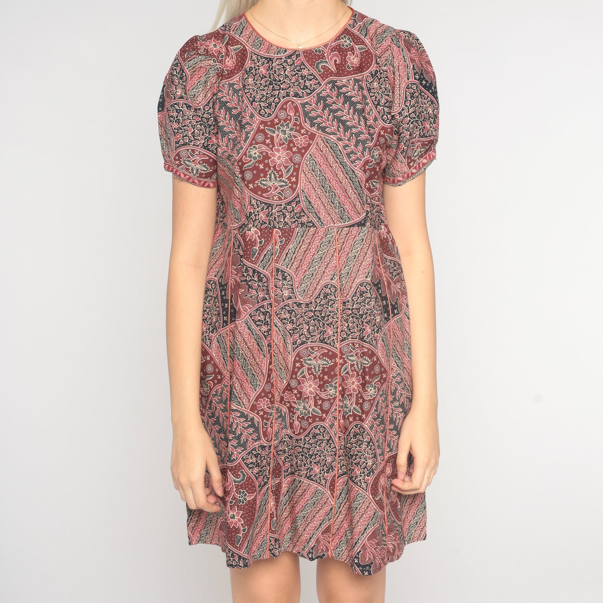 90s Batik Floral Mini Dress Puff Sleeve High Waist Cotton Red Medium M