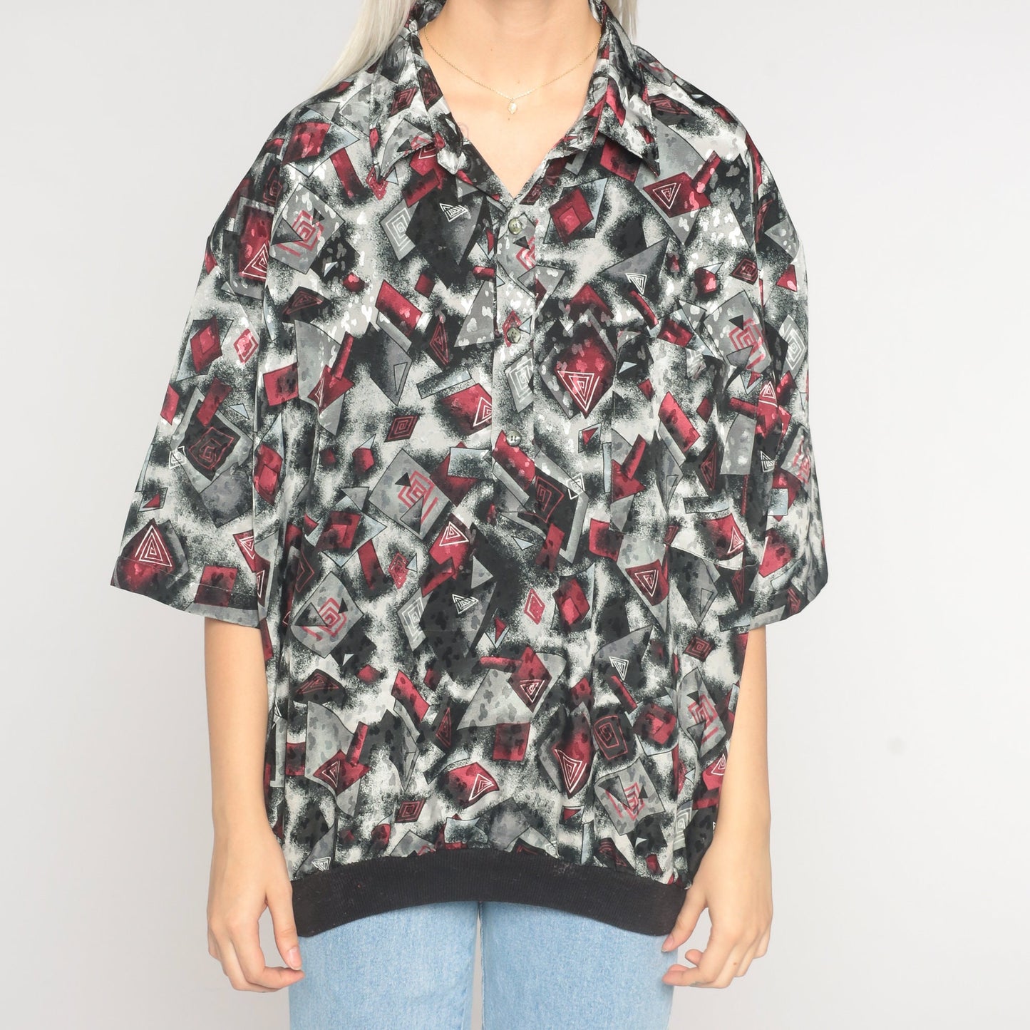 90s Abstract Geometric Polo Shirt Grey Red Collared Short Sleeve Extra Large XL