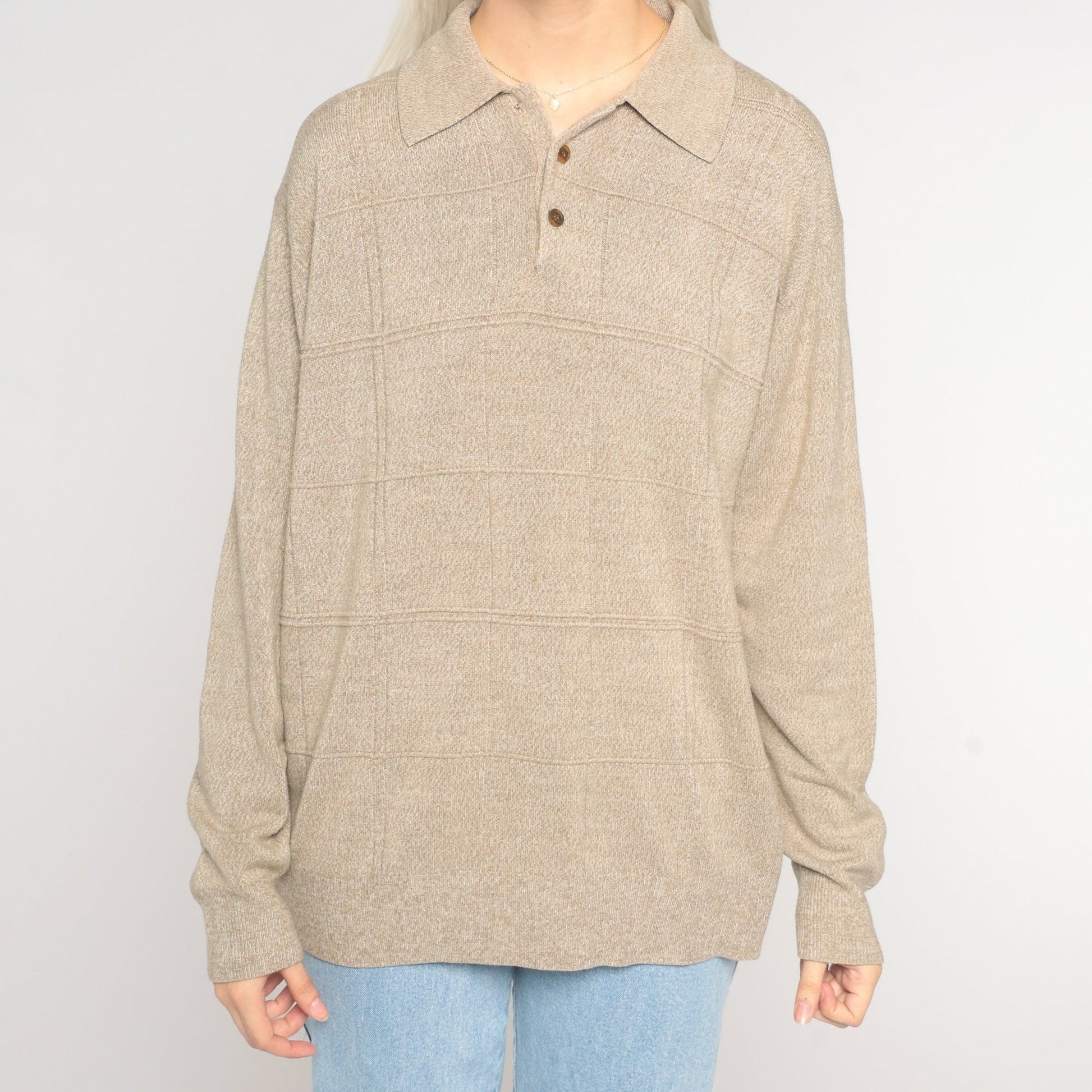 Y2K Geoffrey Beene Tan Knit Polo Shirt Long Sleeve Collared Medium M