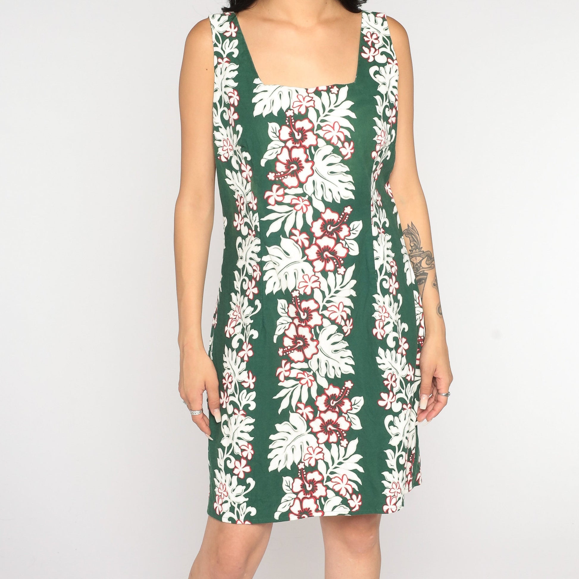 90s Hawaiian Floral Mini Dress Green White Cotton Sleeveless Sheath Medium