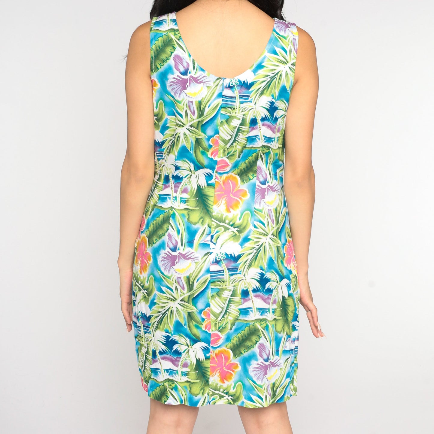 Y2K Tropical Floral Wrap Mini Dress Sleeveless 00s Hawaiian Sundress Medium 8