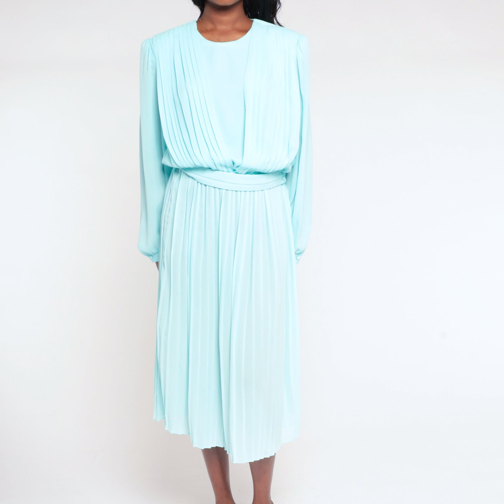 80s Blue Pleated Midi Dress Long Sleeve Keyhole Back Semi Sheer Medium Large