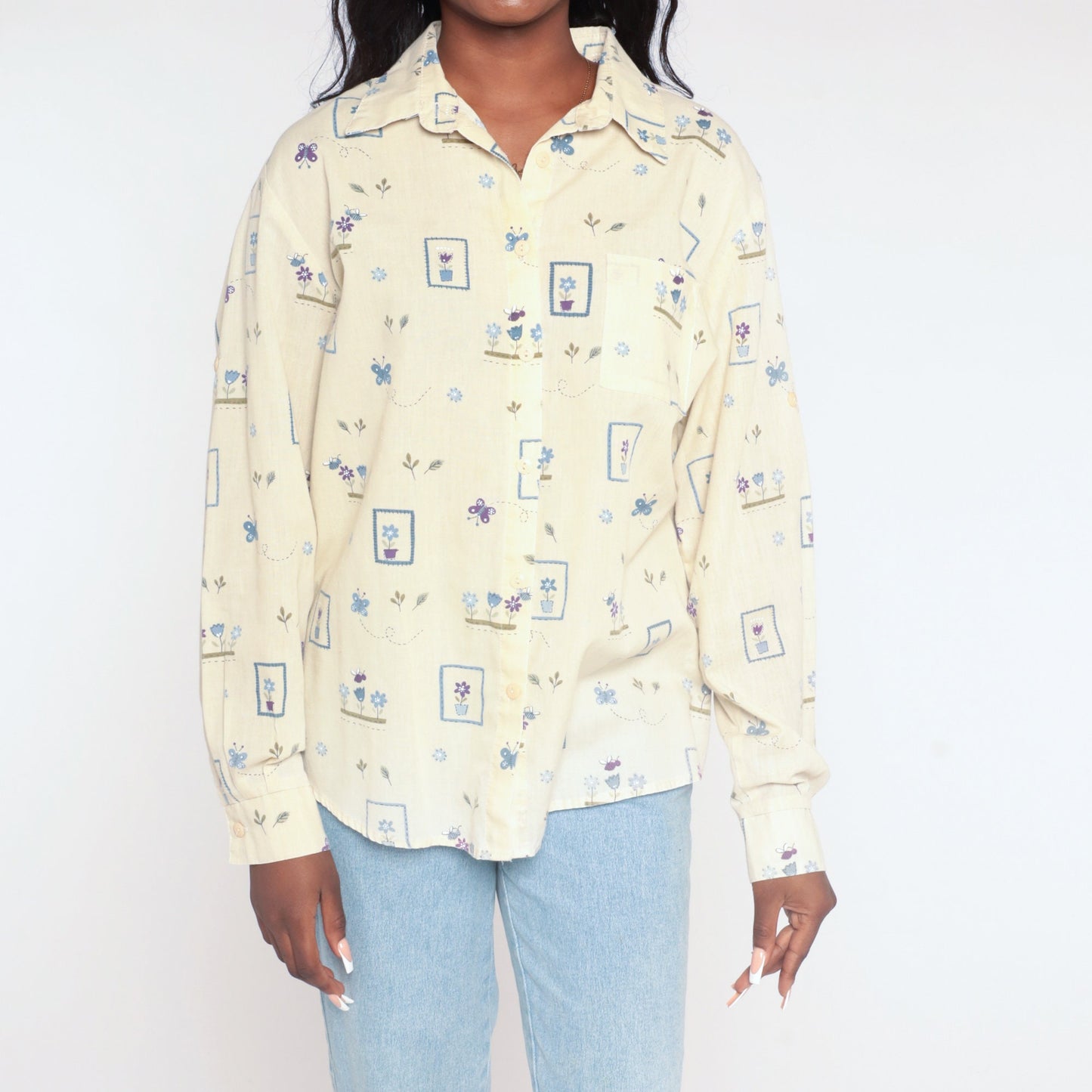 90s Yellow Butterfly Flower Print Button-Up Blouse Long Sleeve Large L
